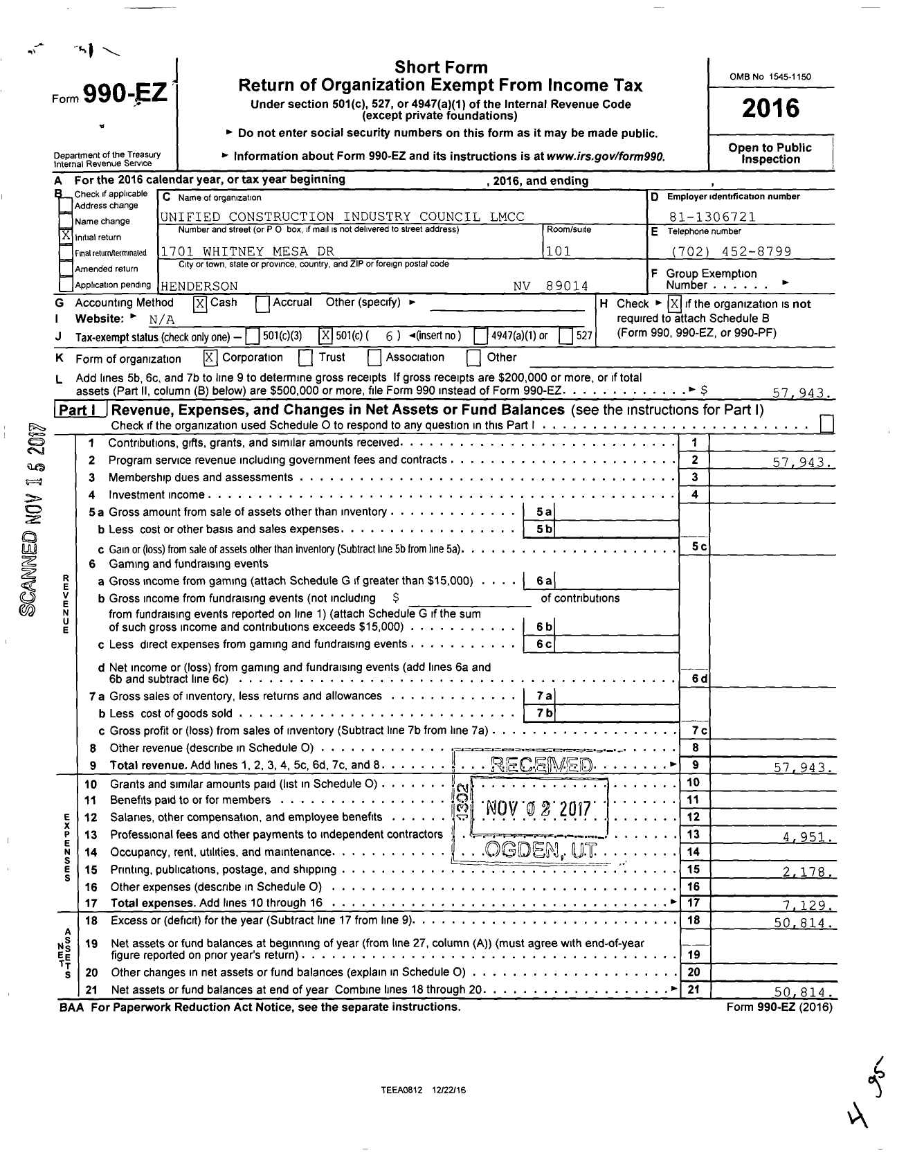 Image of first page of 2016 Form 990EO for Unified Construction Industry Council LMCC