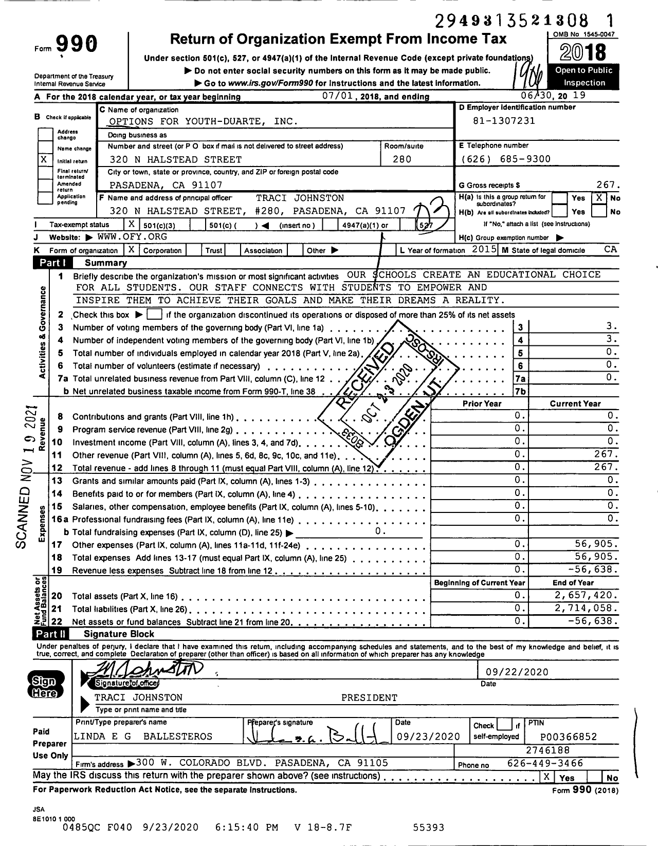 Image of first page of 2018 Form 990 for Options for Youth - Duarte