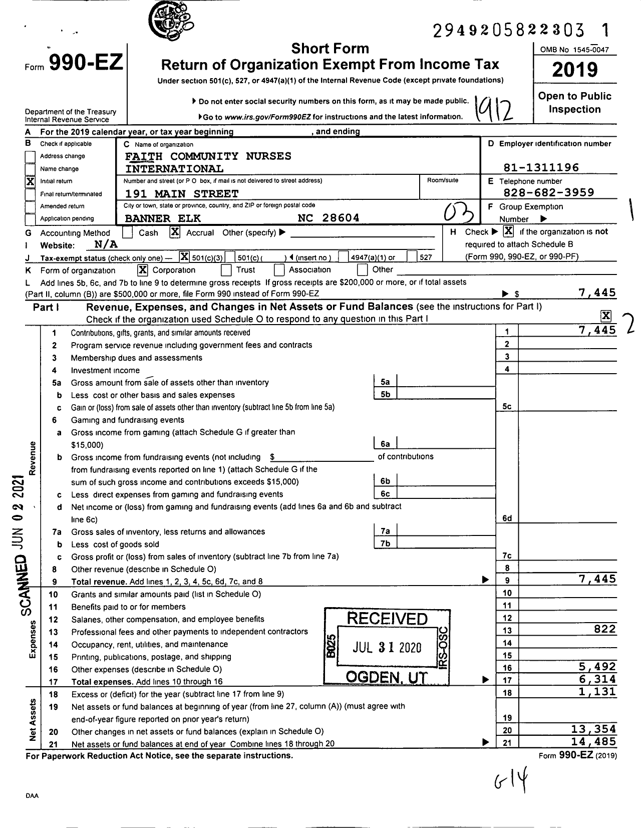 Image of first page of 2019 Form 990EZ for Faith Community Nurses International