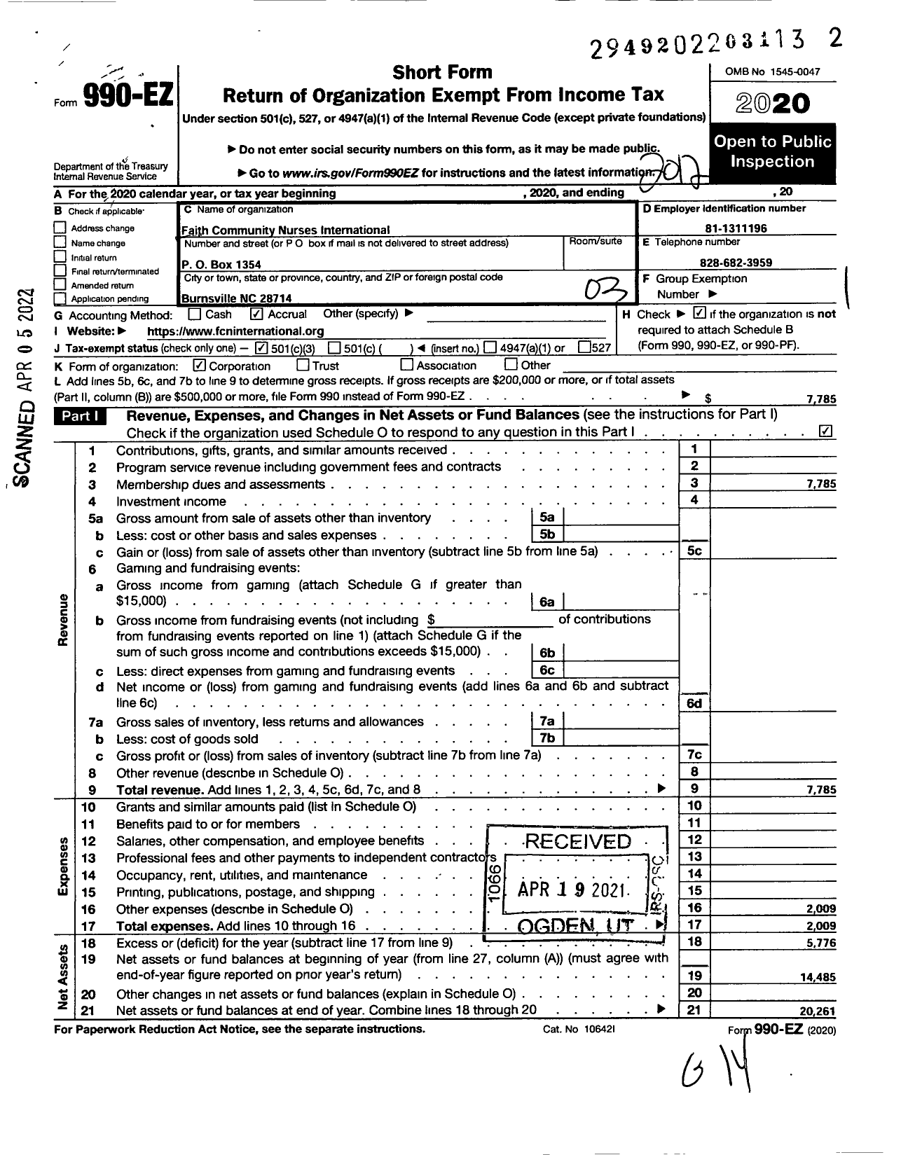 Image of first page of 2020 Form 990EZ for Faith Community Nurses International