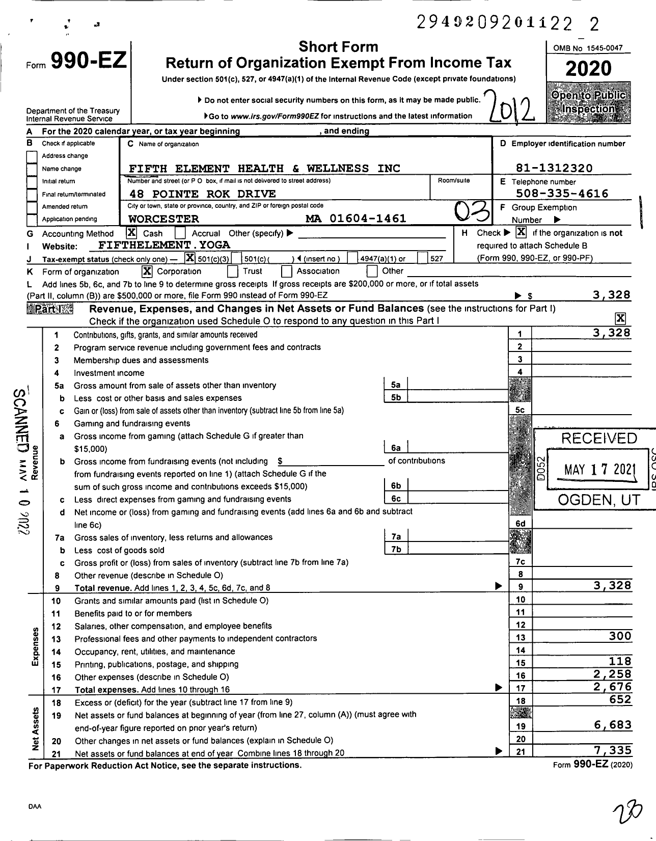 Image of first page of 2020 Form 990EZ for Fifth Element Health and Wellness