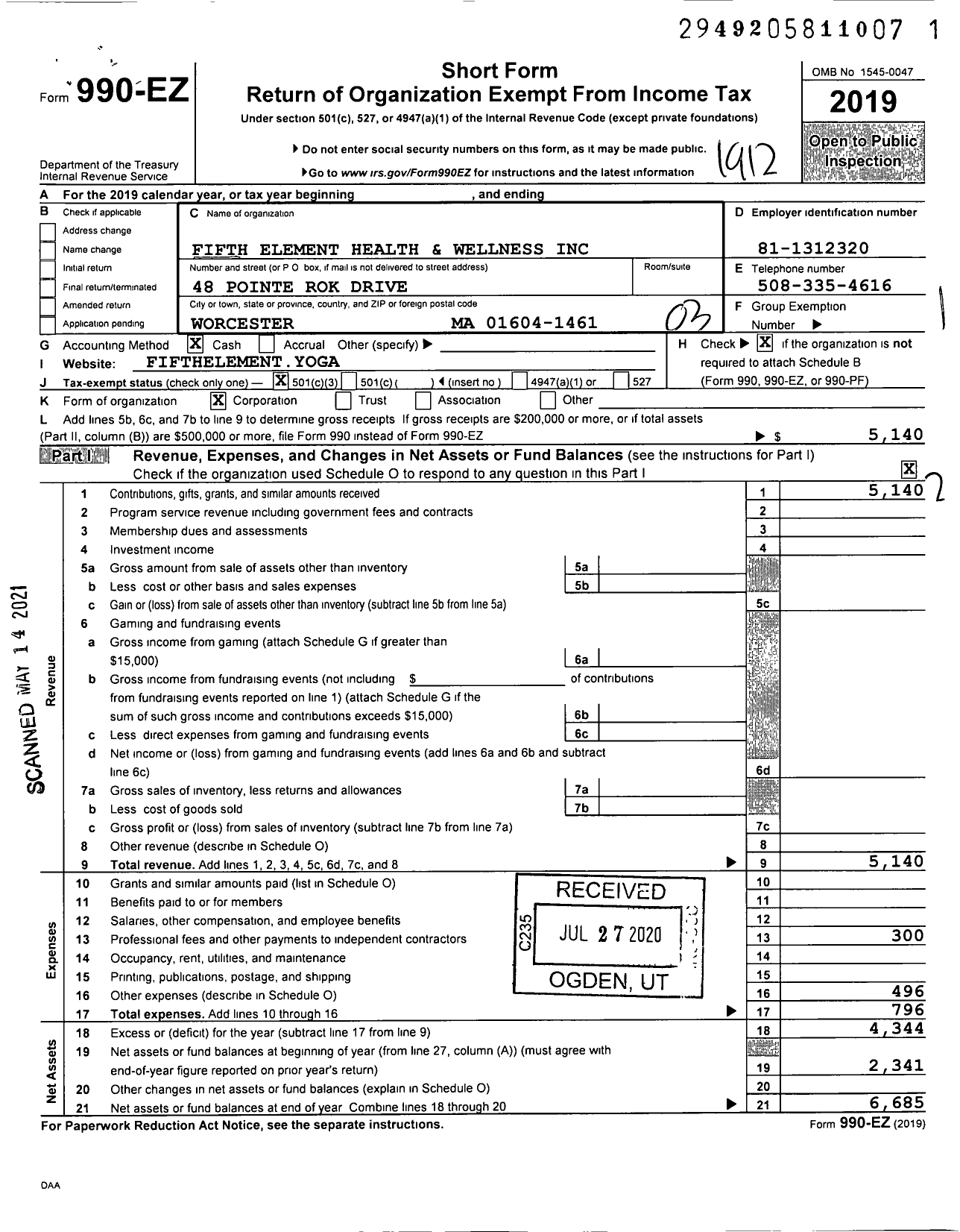 Image of first page of 2019 Form 990EZ for Fifth Element Health and Wellness