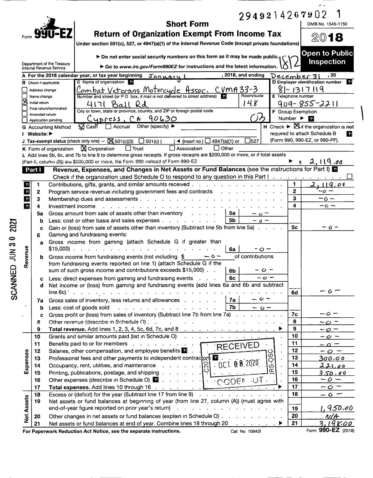 Image of first page of 2018 Form 990EZ for Combat Veteran Motorcycle Association Chapter 33-3