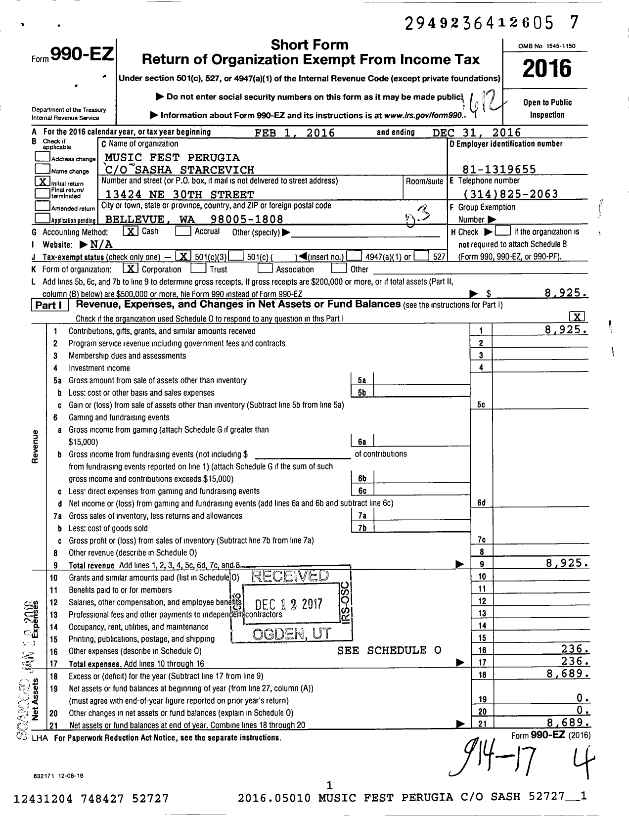 Image of first page of 2016 Form 990EZ for Music Fest Perugia