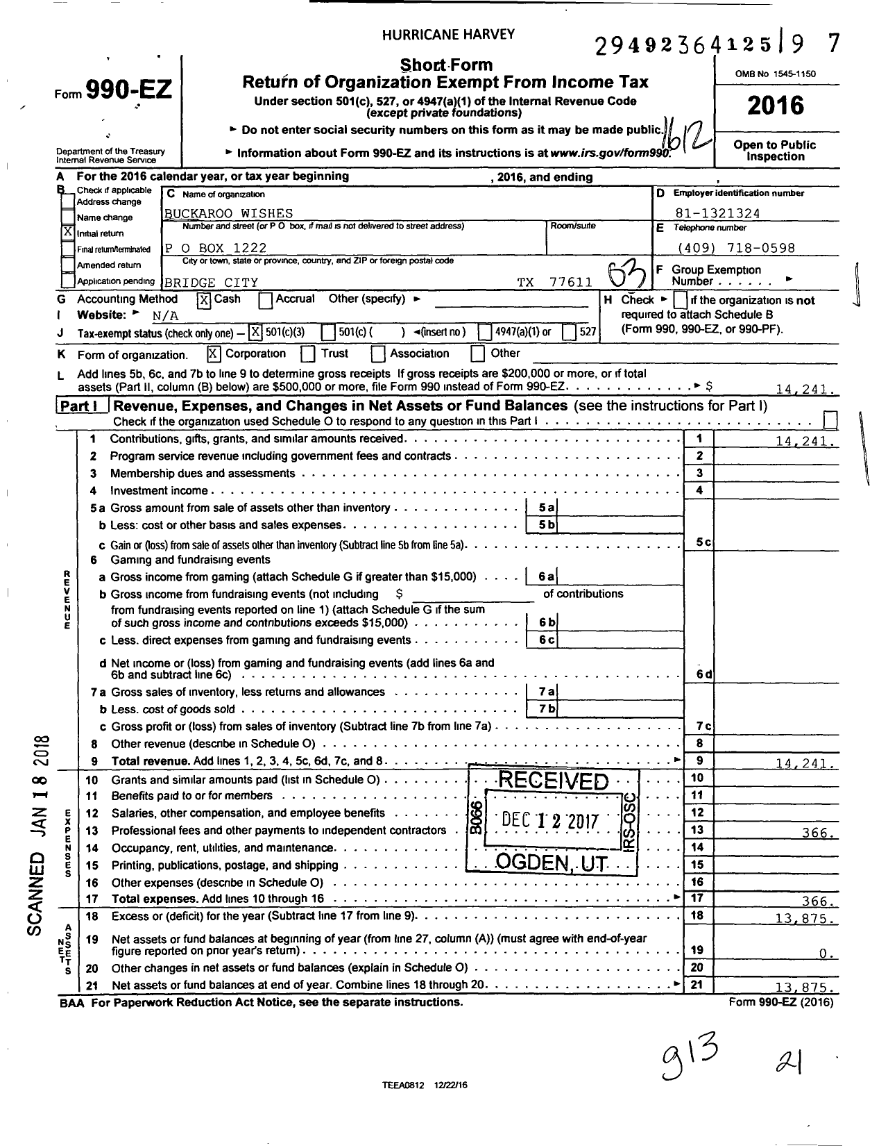 Image of first page of 2016 Form 990EZ for Buckaroo Wishes