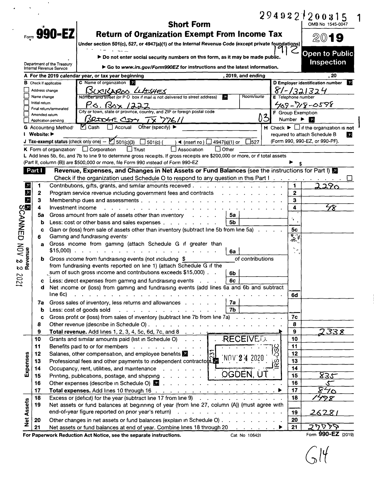 Image of first page of 2019 Form 990EZ for Buckaroo Wishes