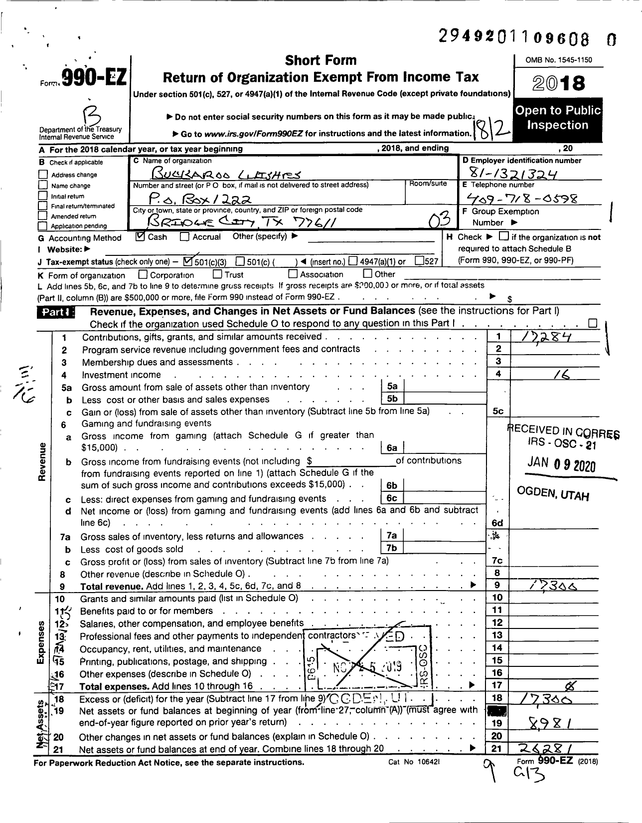 Image of first page of 2018 Form 990EZ for Buckaroo Wishes