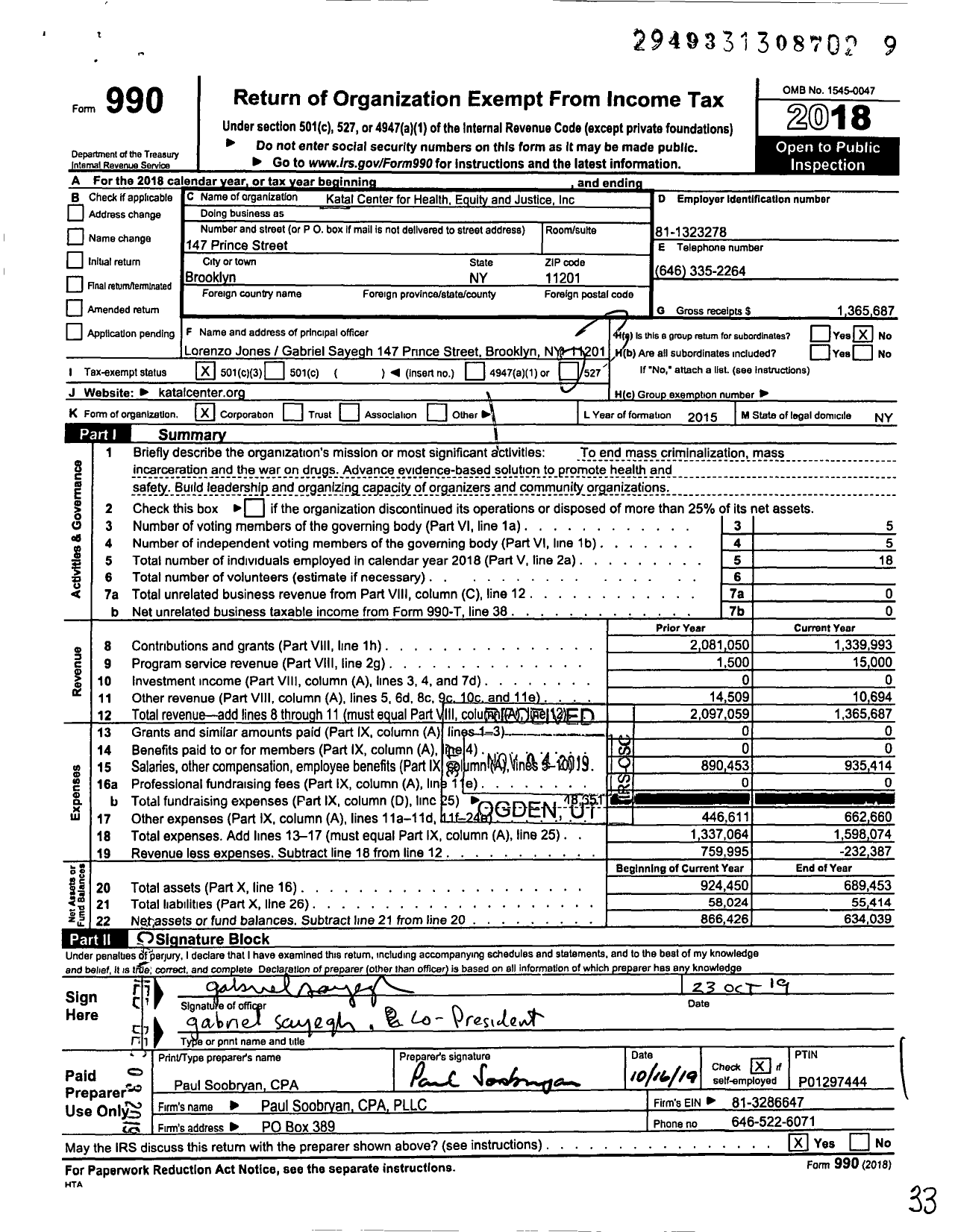 Image of first page of 2018 Form 990 for Katal Center for Equity Health and Justice