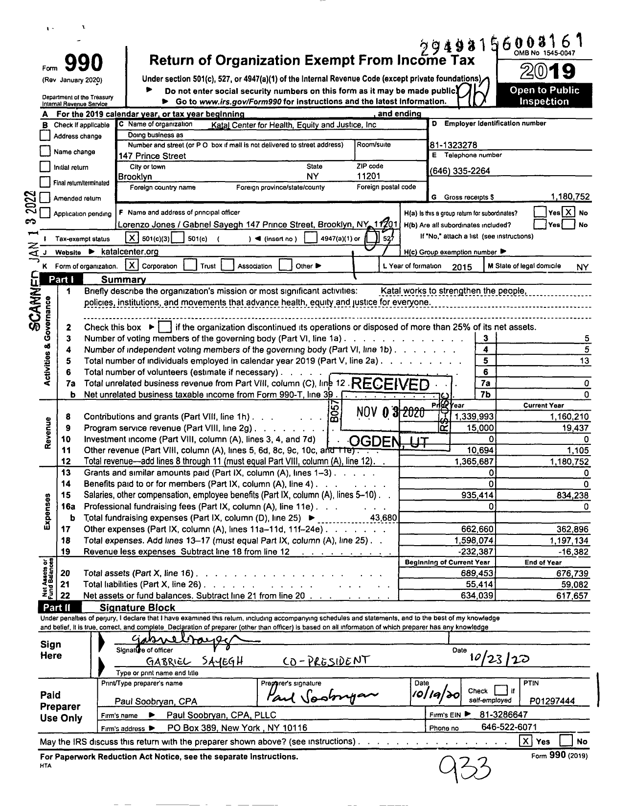 Image of first page of 2019 Form 990 for Katal Center for Equity Health and Justice