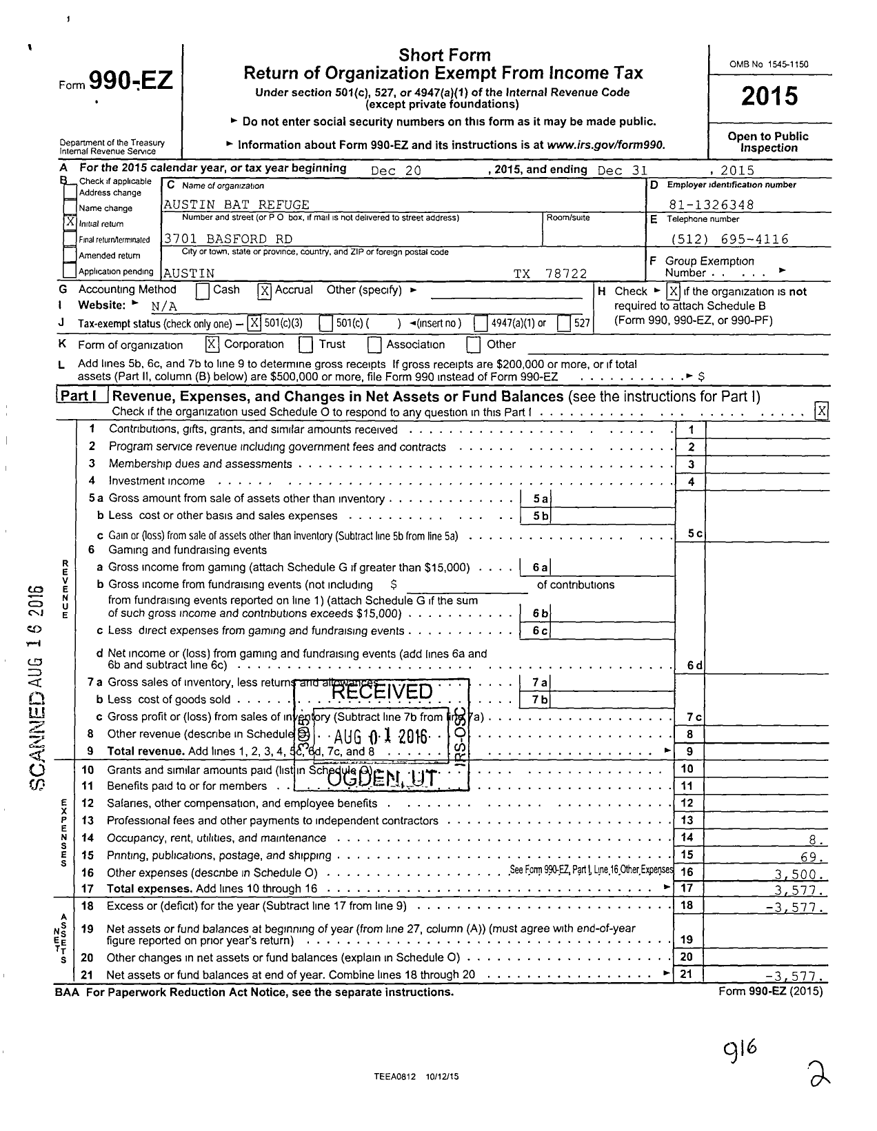 Image of first page of 2015 Form 990EZ for Austin Bat Refuge