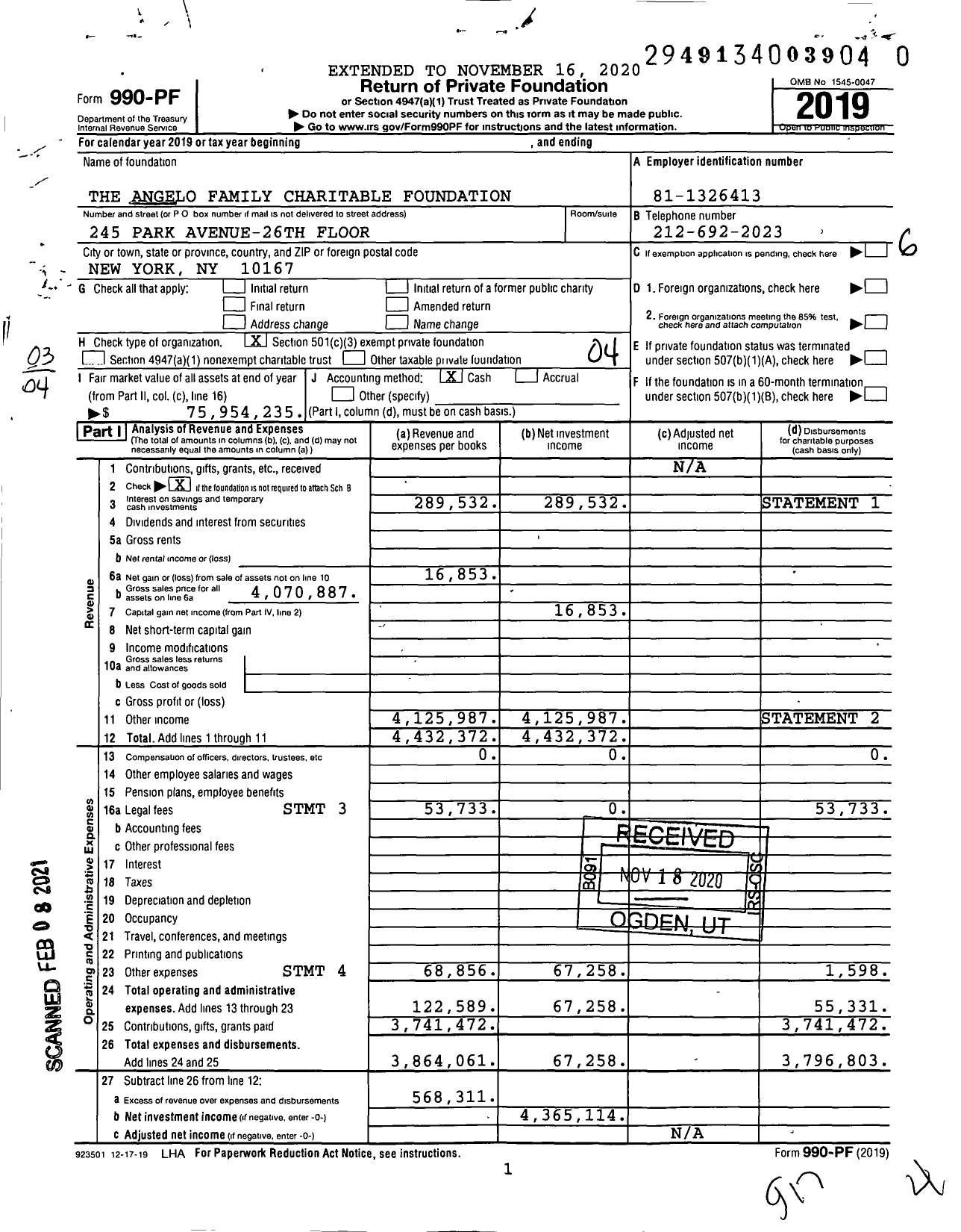 Image of first page of 2019 Form 990PF for The Angelo Family Charitable Foundation
