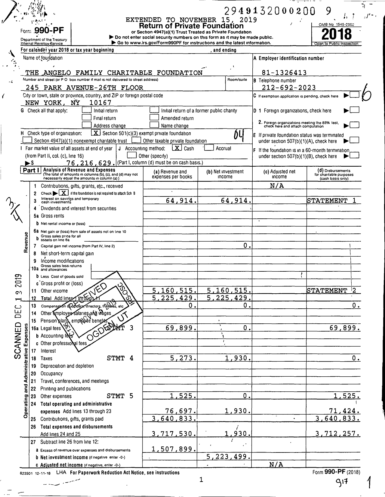 Image of first page of 2018 Form 990PF for The Angelo Family Charitable Foundation