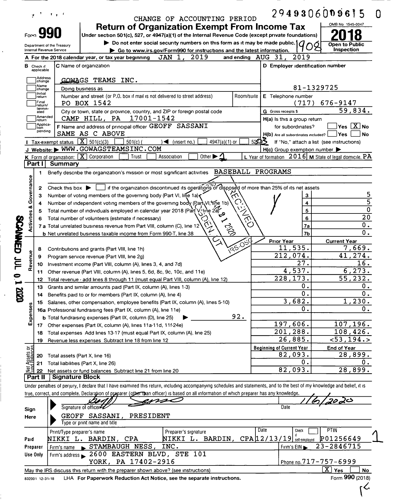 Image of first page of 2018 Form 990 for Gowags Teams