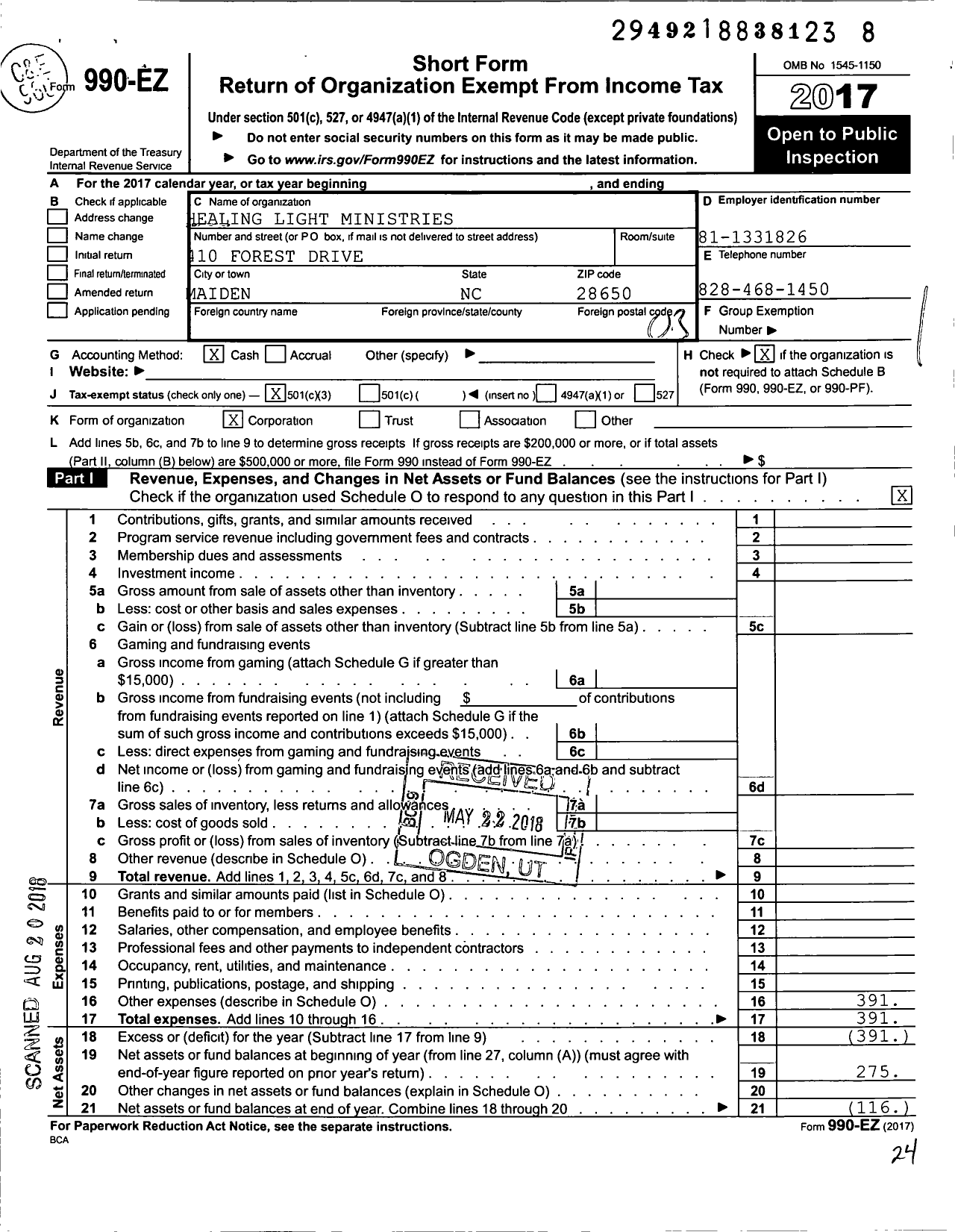 Image of first page of 2017 Form 990EZ for Healing Light Ministries