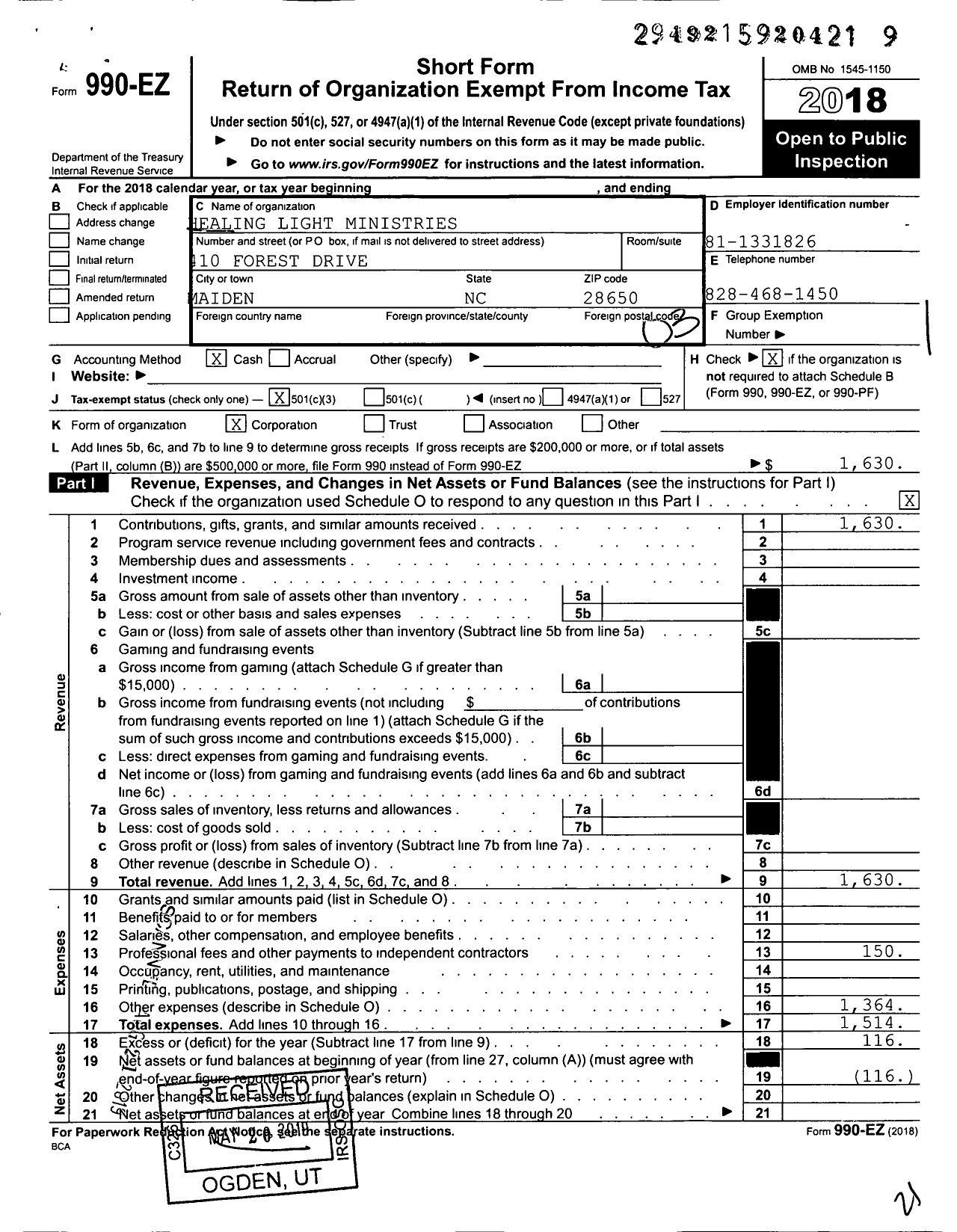 Image of first page of 2018 Form 990EZ for Healing Light Ministries