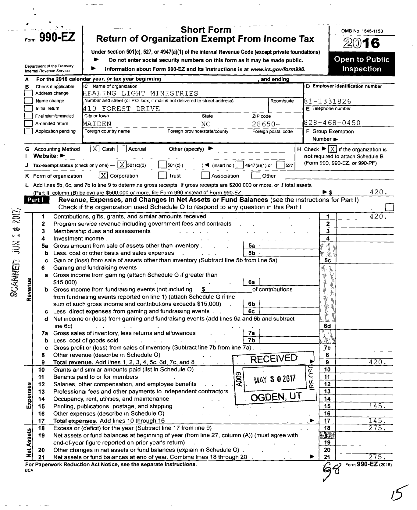 Image of first page of 2016 Form 990EZ for Healing Light Ministries