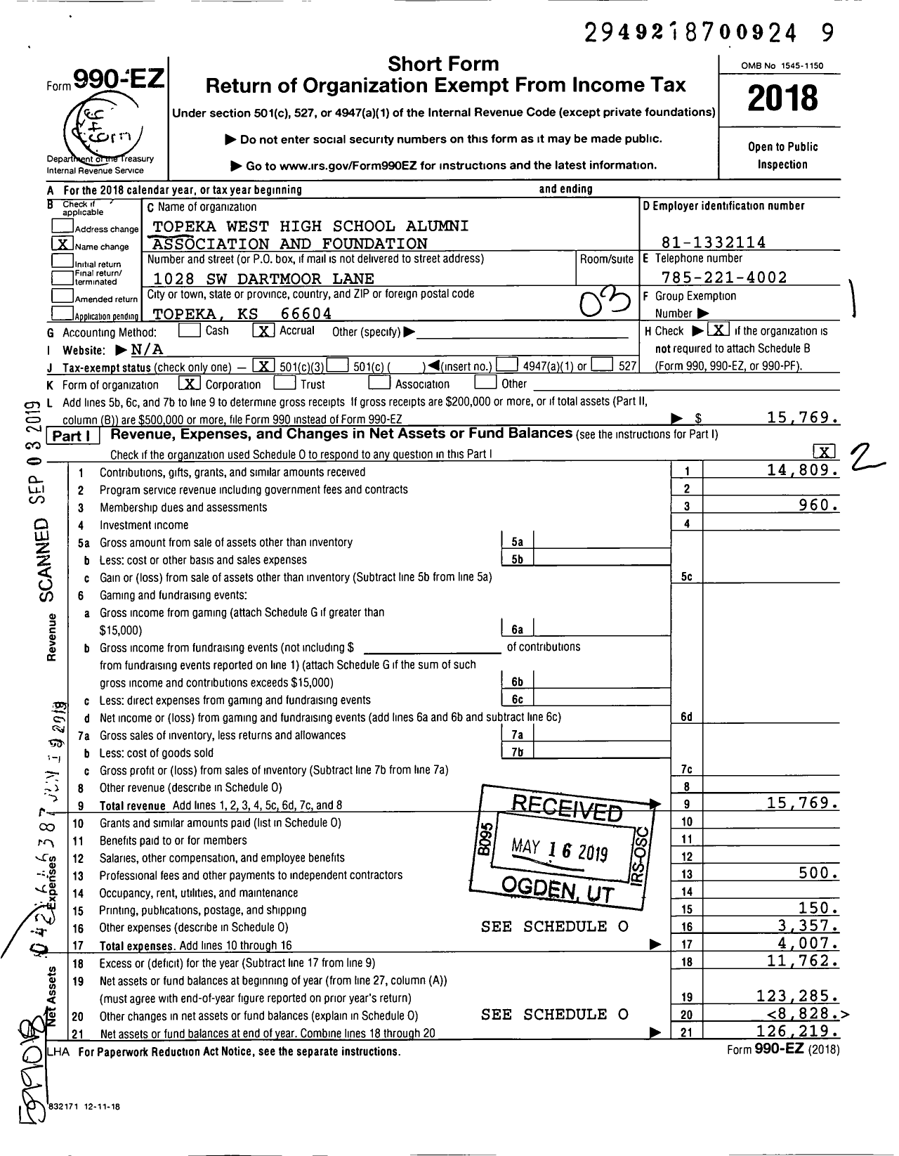 Image of first page of 2018 Form 990EZ for Topeka West High School Alumni Association and Foundation