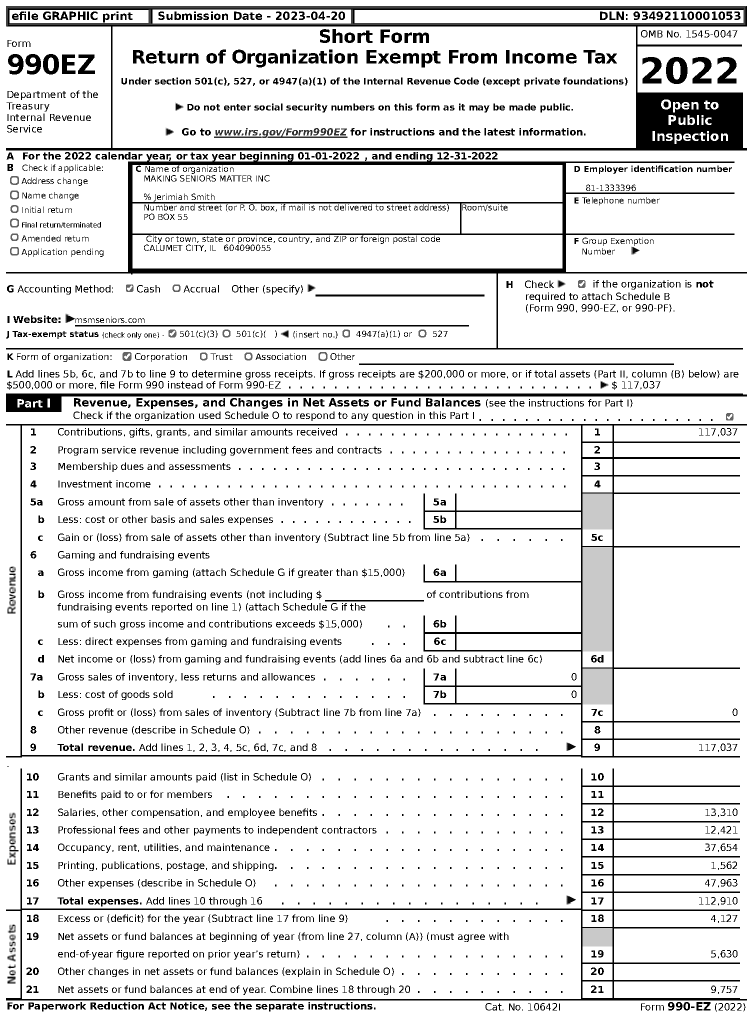Image of first page of 2022 Form 990EZ for Making Seniors Matter