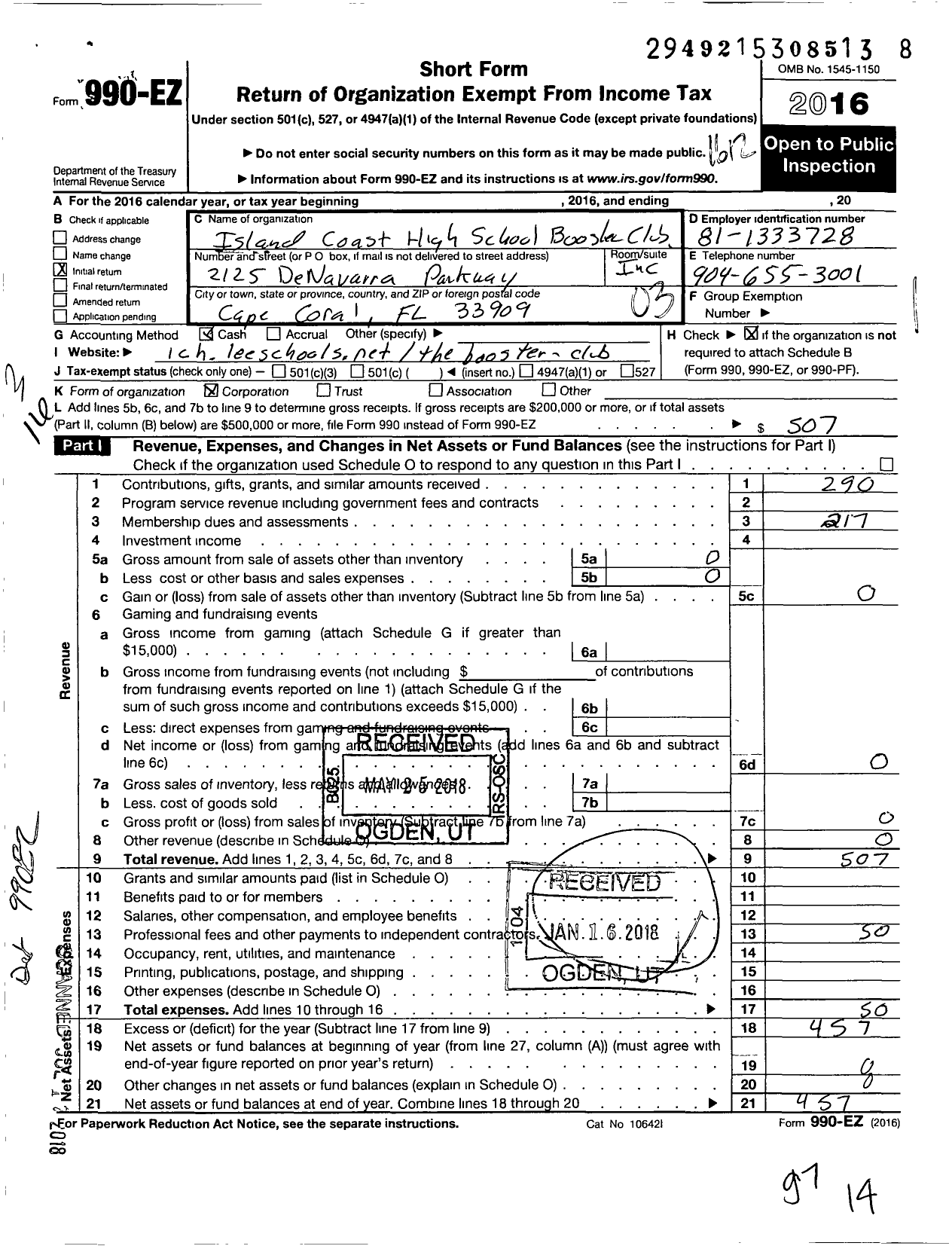 Image of first page of 2016 Form 990EZ for Island Coast High School Boosters Club