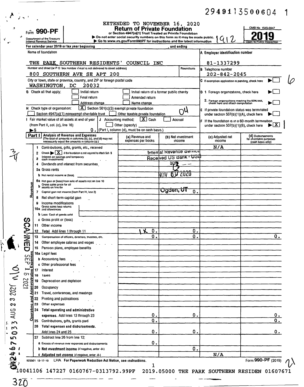 Image of first page of 2019 Form 990PF for The Park Southern Residents' Council