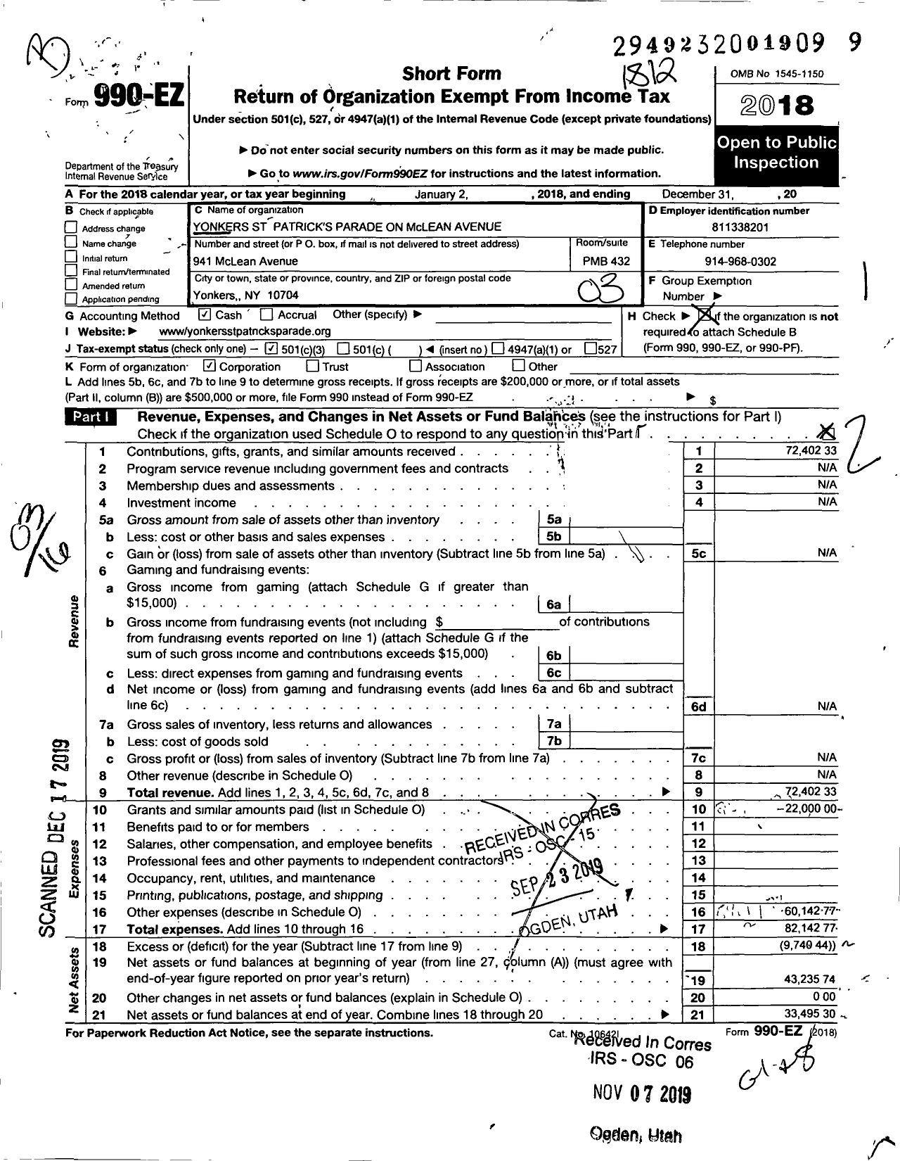 Image of first page of 2018 Form 990EZ for Yonkers St Patrick's Parade on Mclean Avenue