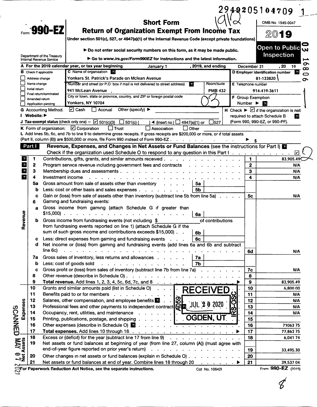 Image of first page of 2019 Form 990EZ for Yonkers St Patrick's Parade on Mclean Avenue