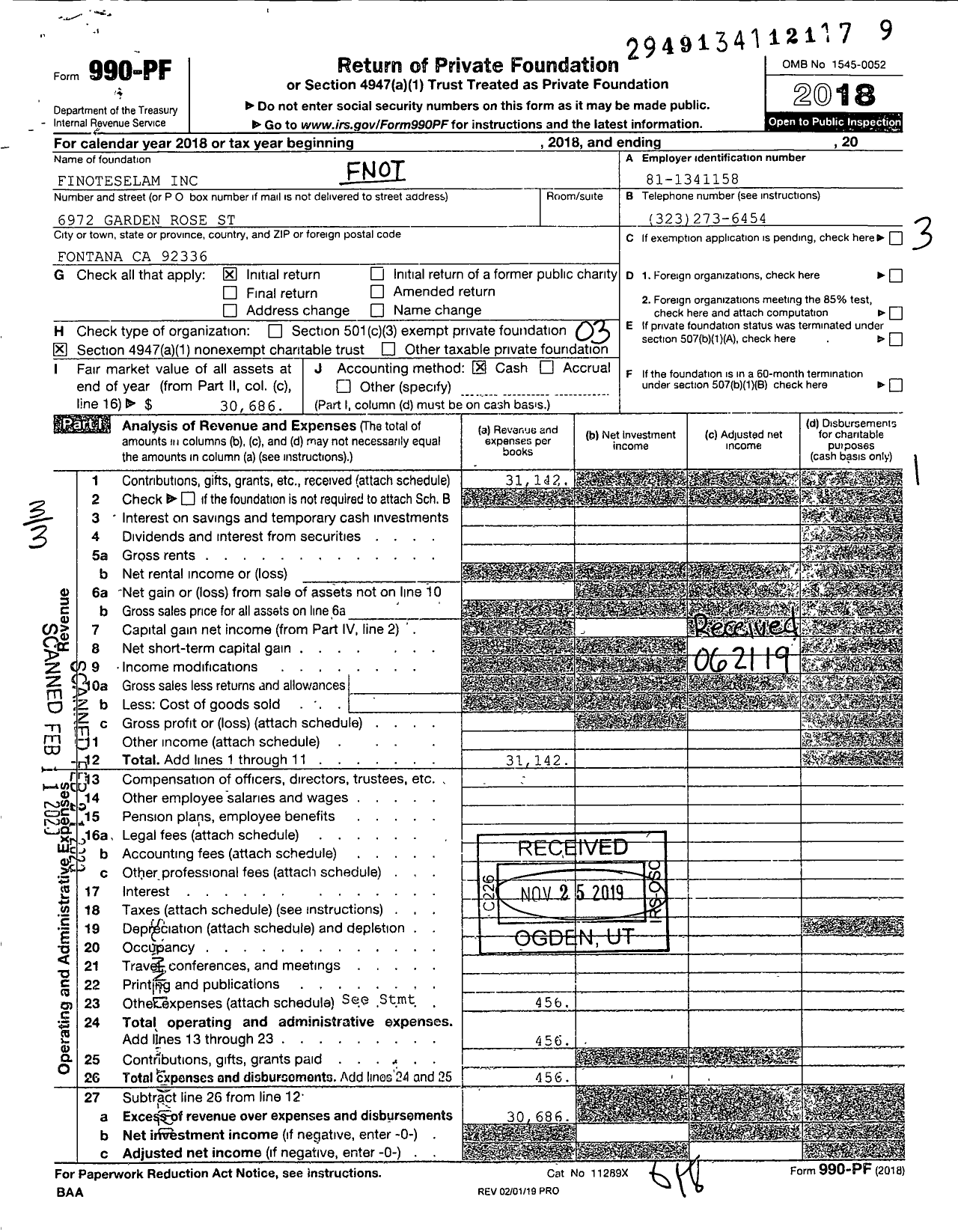 Image of first page of 2018 Form 990PF for Fnoteselam