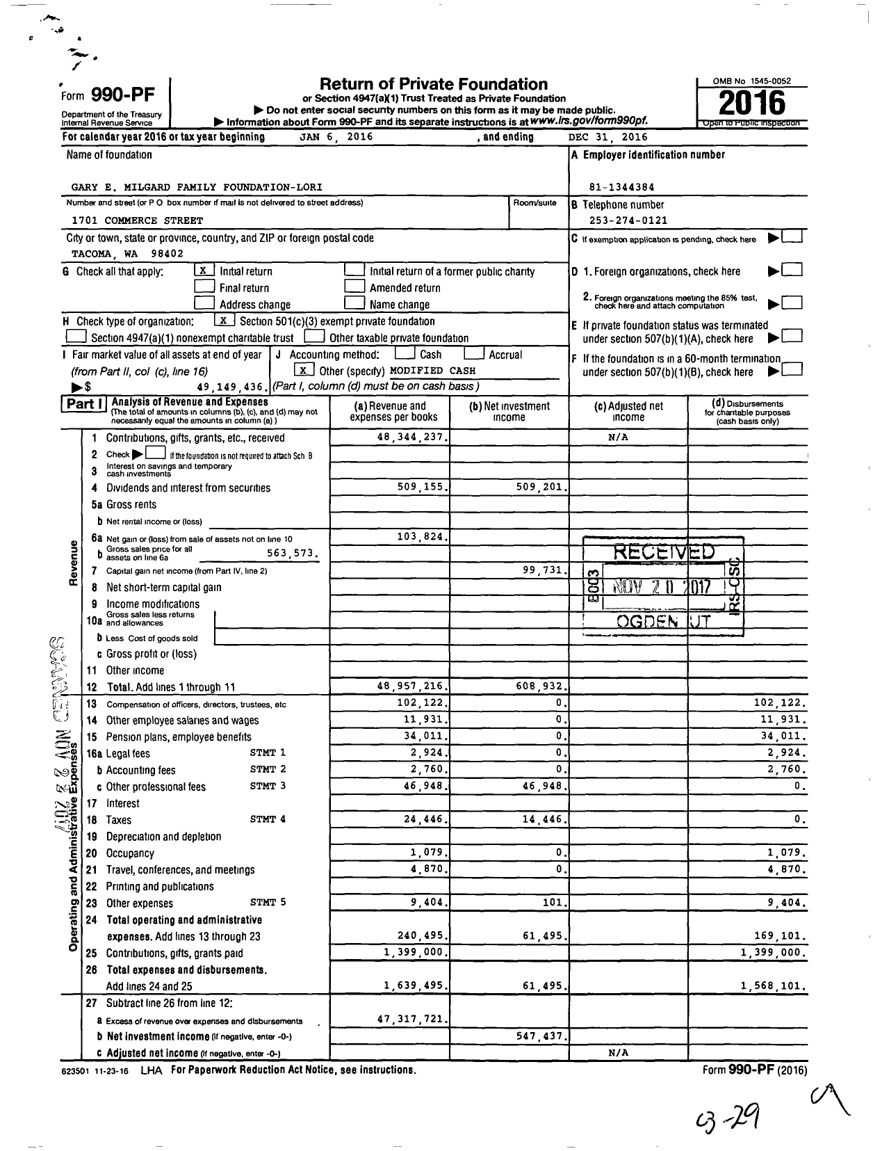 Image of first page of 2016 Form 990PF for Gary E Milgard Family Foundation-Lori