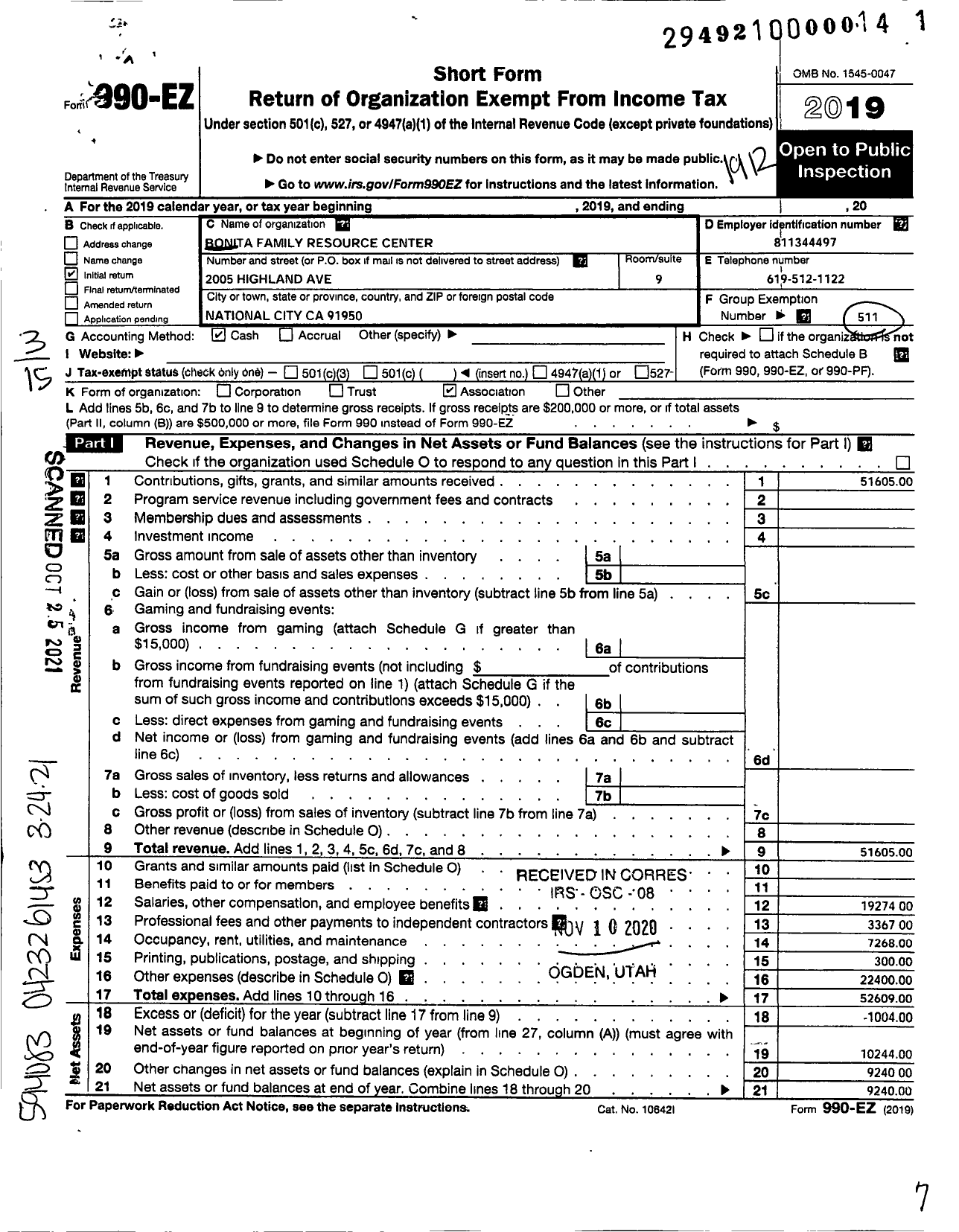 Image of first page of 2019 Form 990EZ for Bonita Family Resource Center