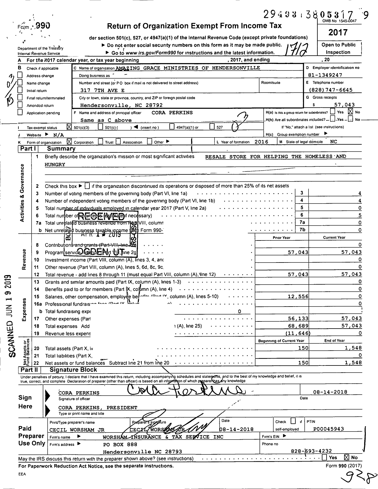 Image of first page of 2017 Form 990 for Amazing Grace Ministries of Hendersonville