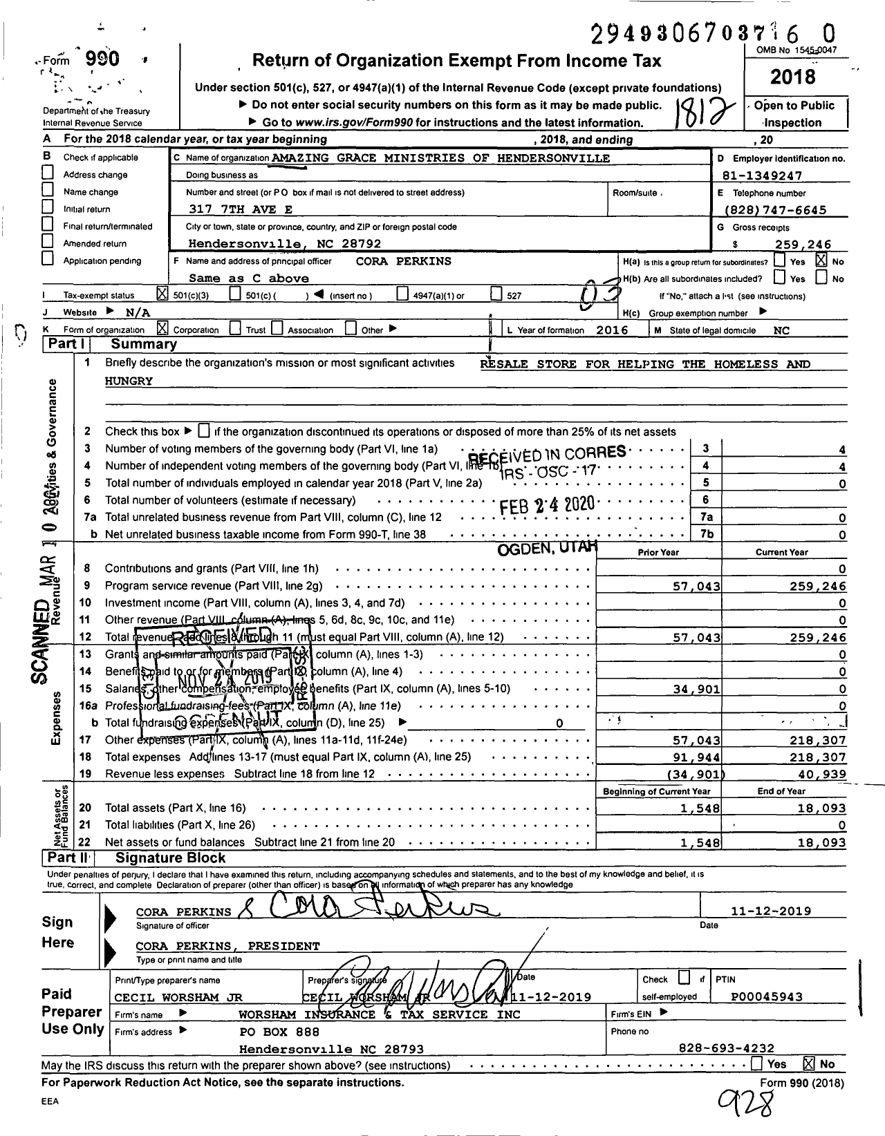 Image of first page of 2018 Form 990 for Amazing Grace Ministries of Hendersonville