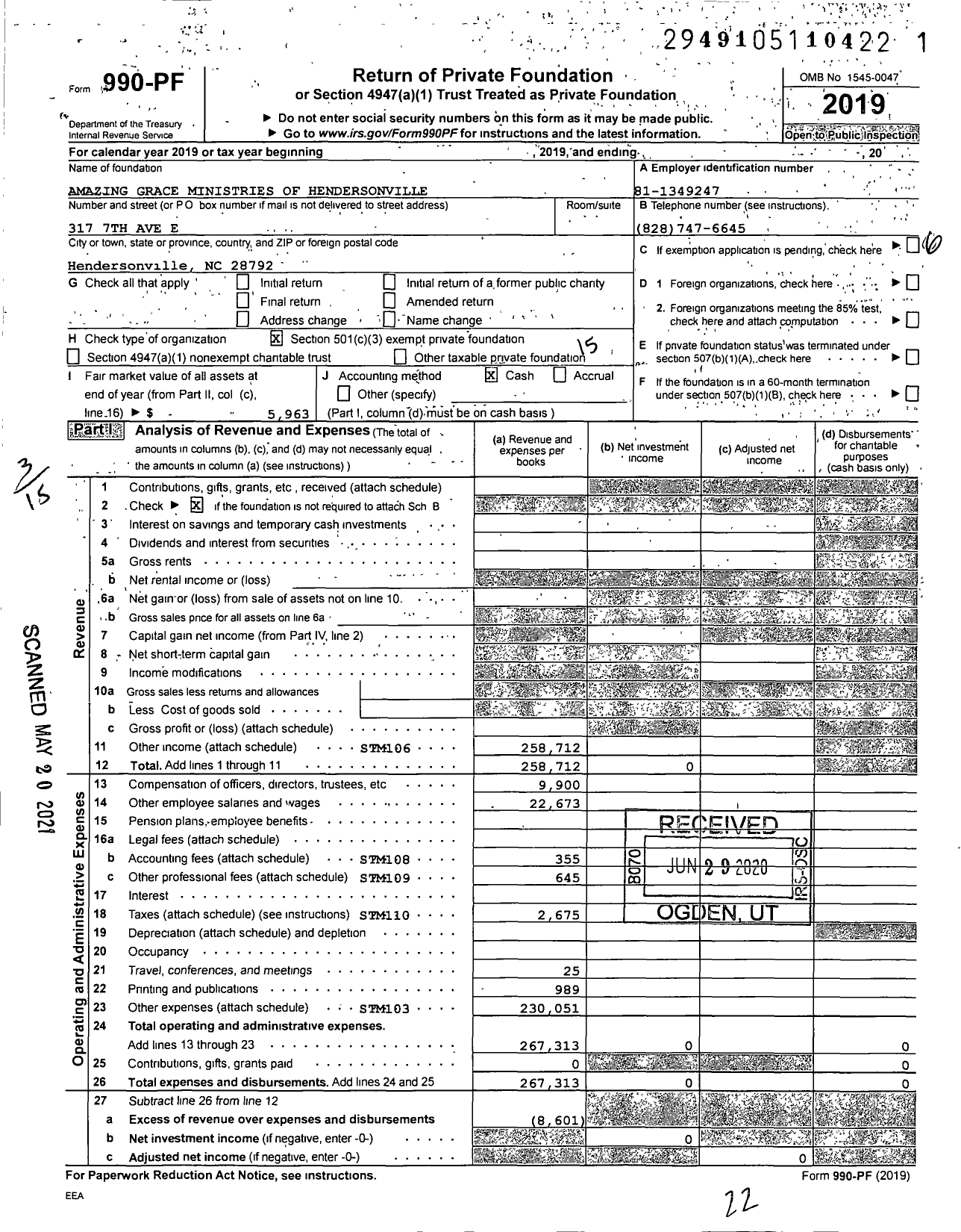 Image of first page of 2019 Form 990PF for Amazing Grace Ministries of Hendersonville