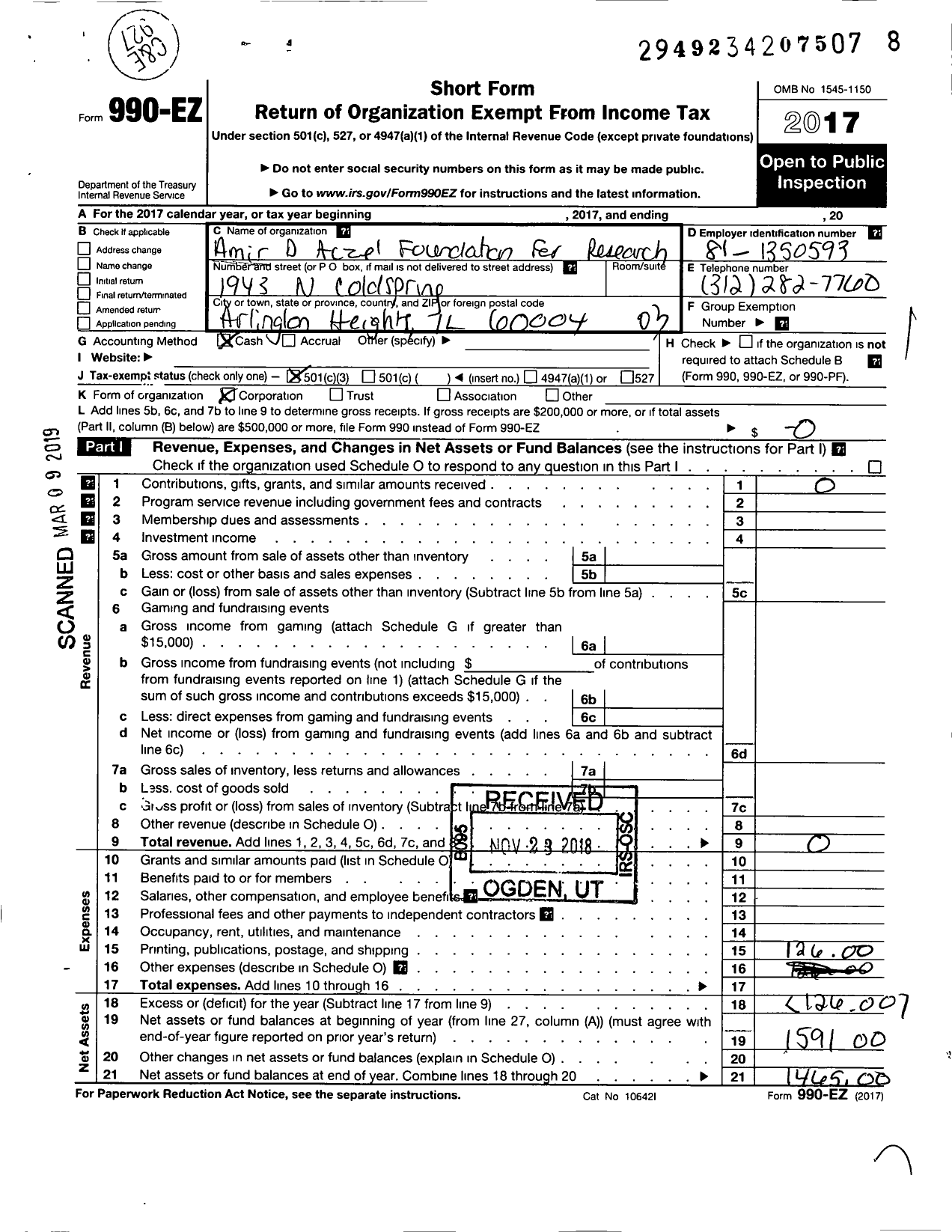 Image of first page of 2017 Form 990EZ for The Amir D Aczel Foundation for Res