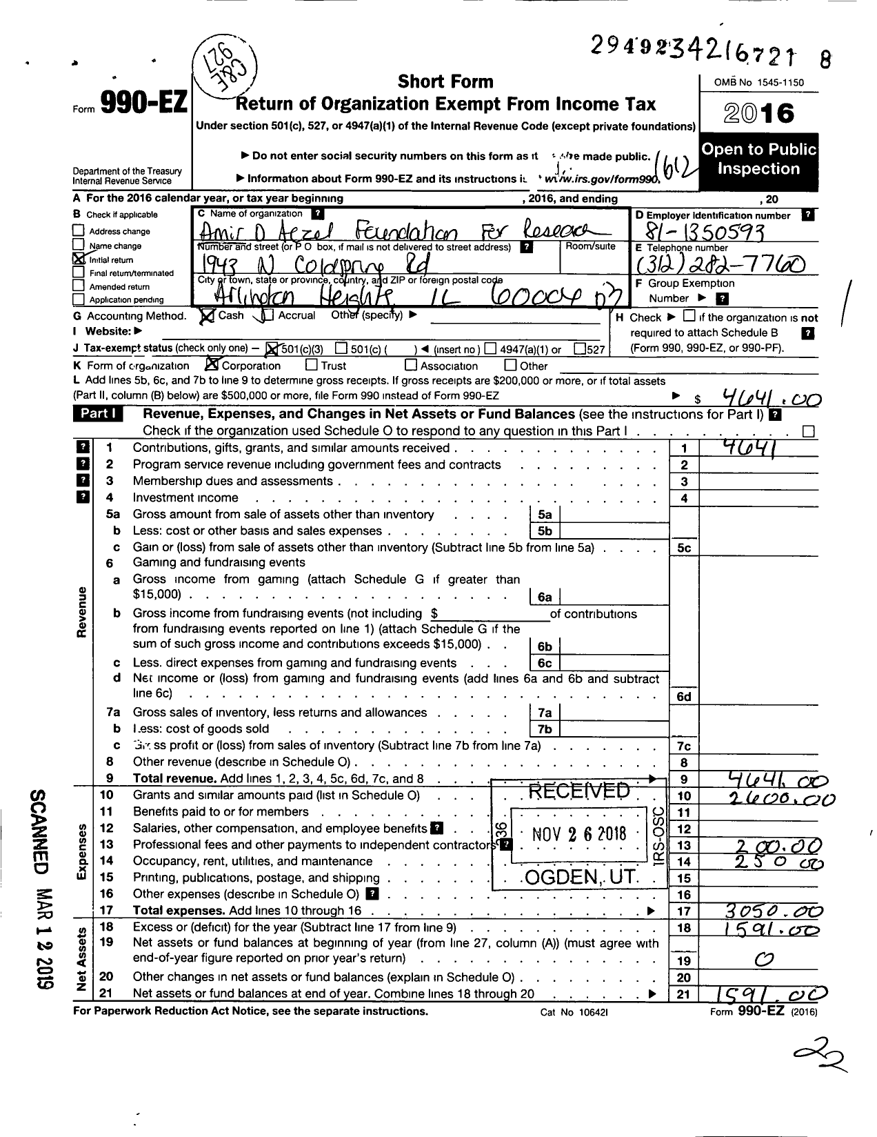 Image of first page of 2016 Form 990EZ for The Amir D Aczel Foundation for Res
