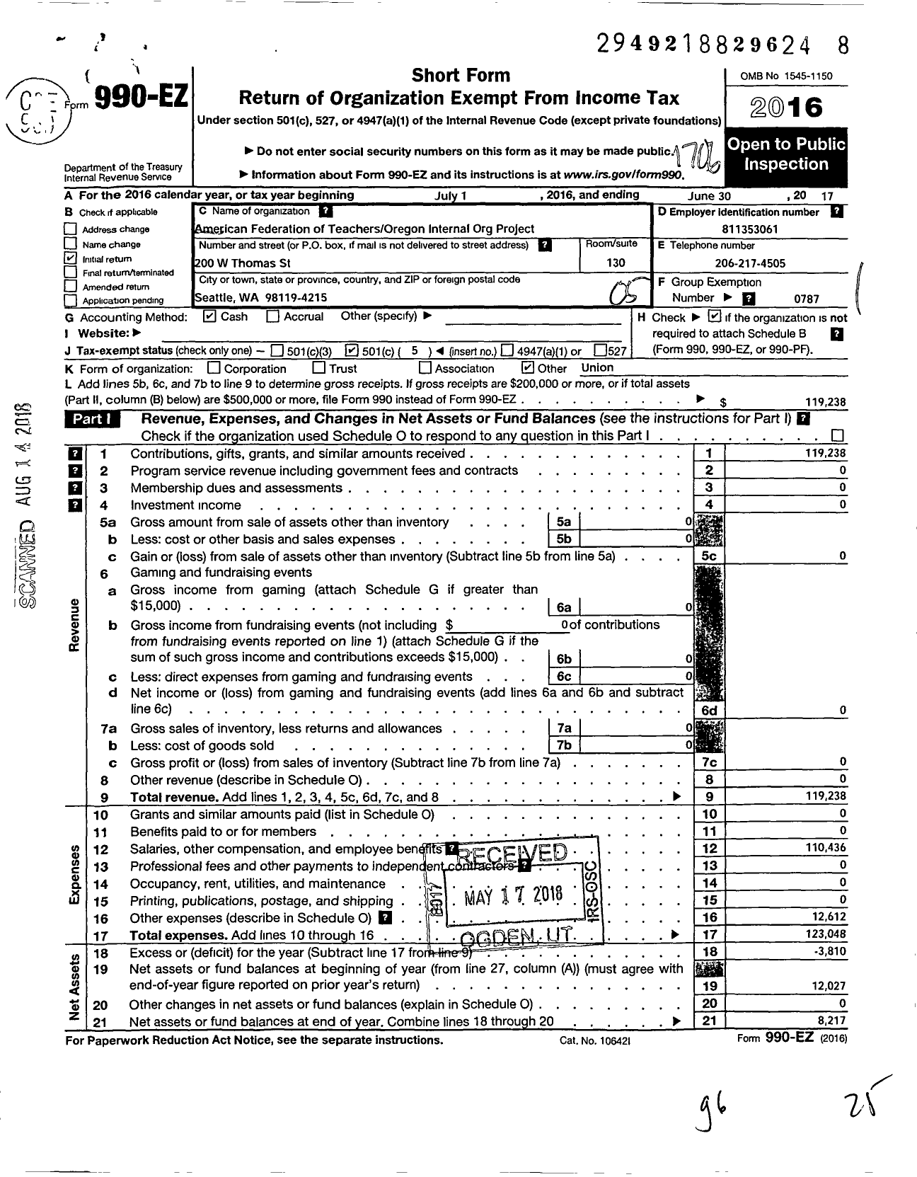 Image of first page of 2016 Form 990EO for American Federation of Teachers - Oregon Internal Organizing Project