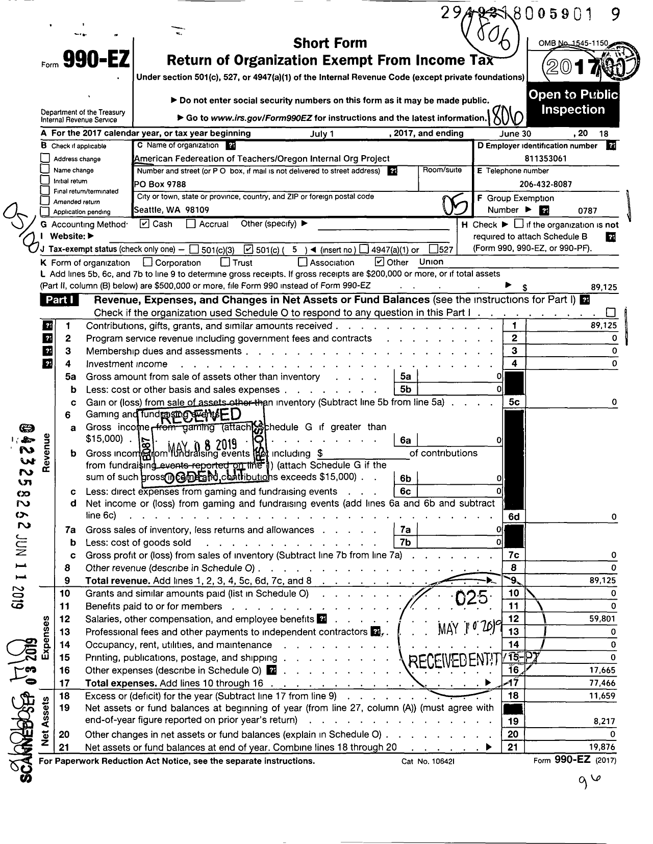 Image of first page of 2017 Form 990EO for American Federation of Teachers - Oregon Internal Organizing Project