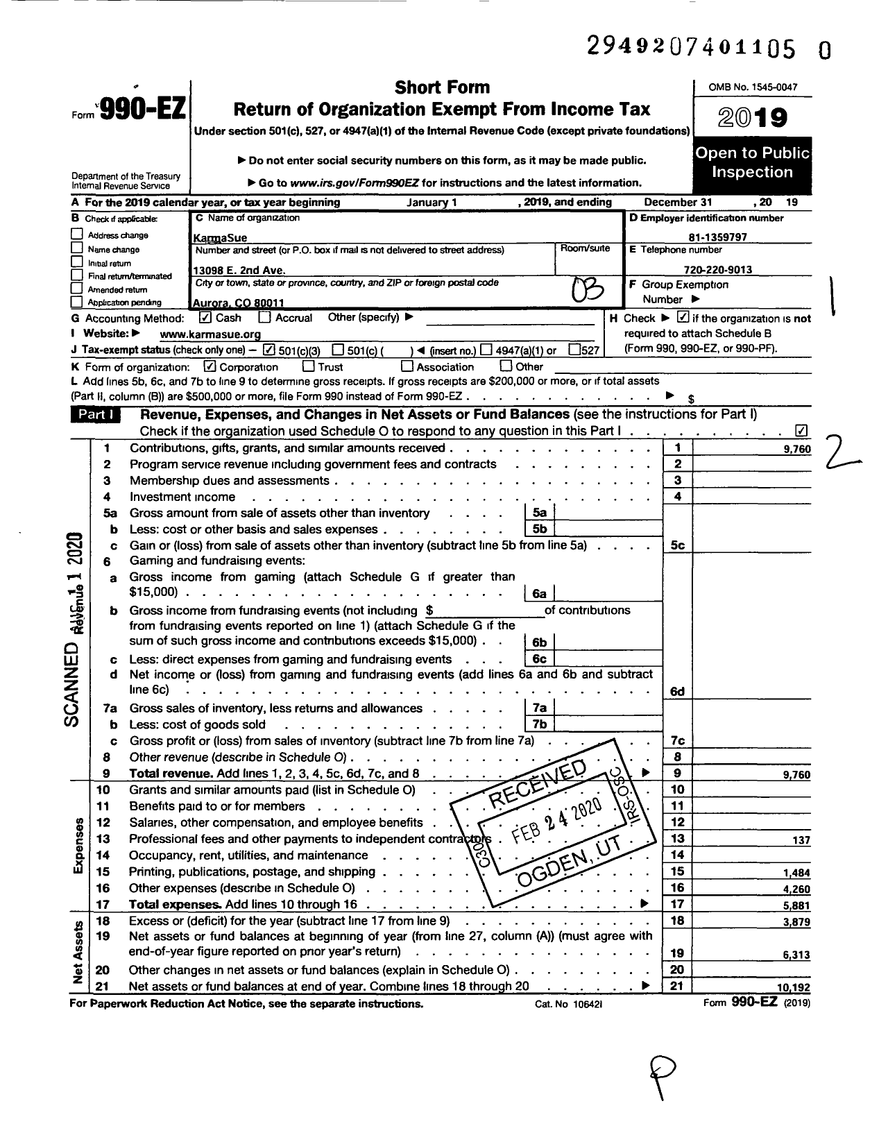 Image of first page of 2019 Form 990EZ for Karmasue