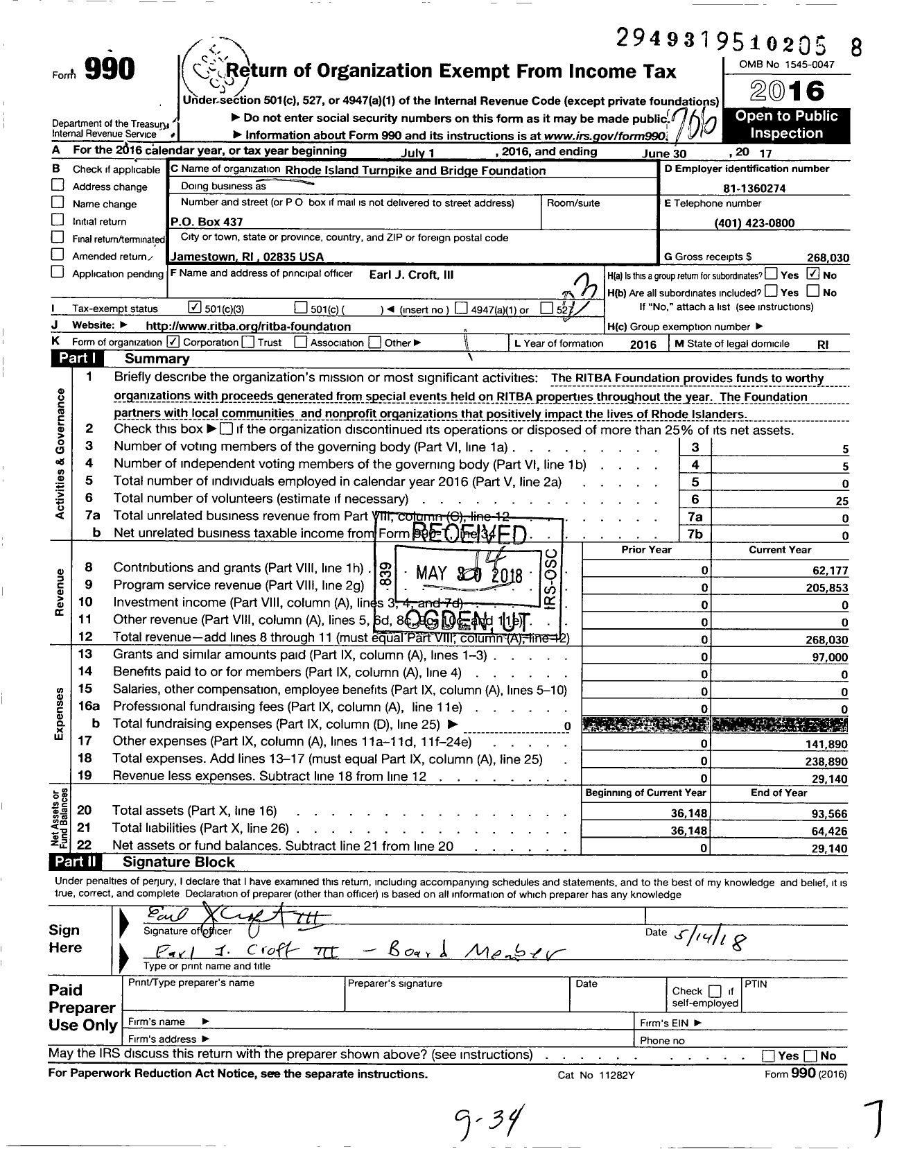 Image of first page of 2016 Form 990 for Rhode Island Turnpike and Bridge Foundation