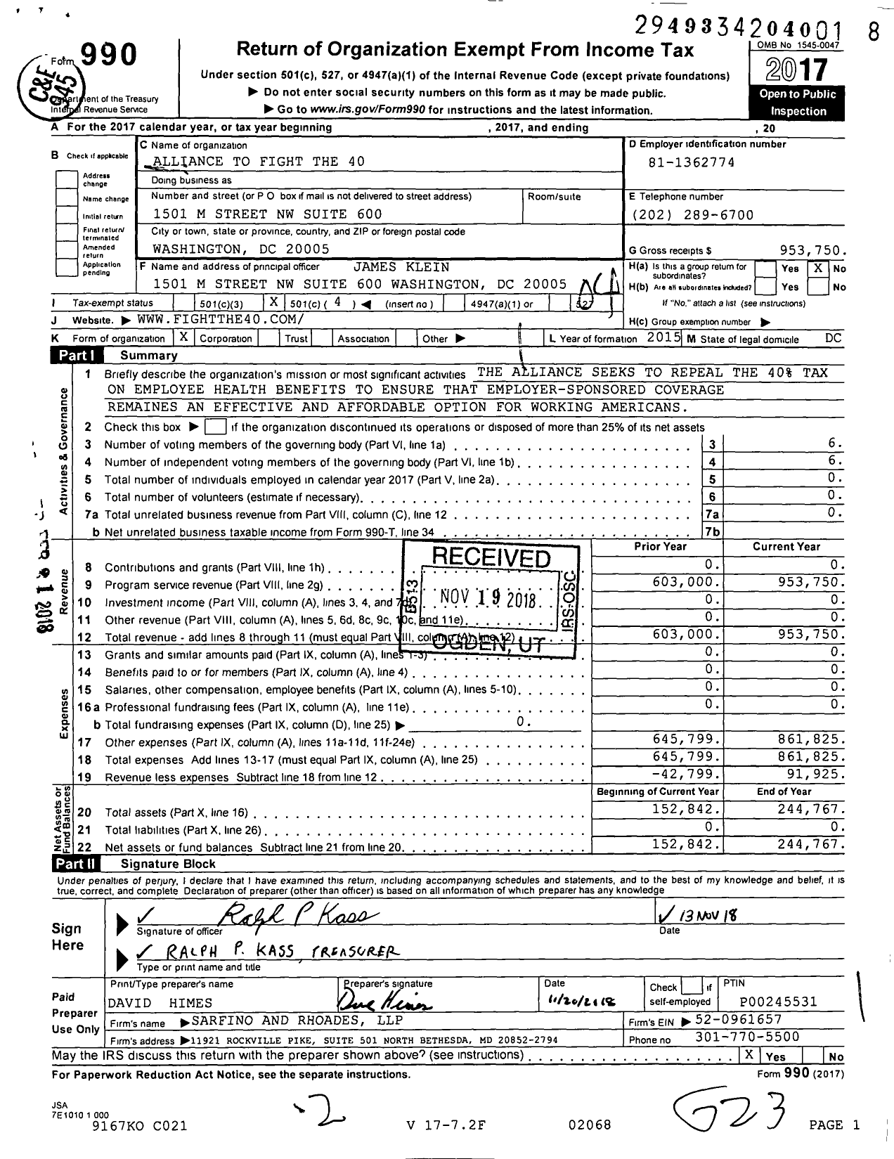 Image of first page of 2017 Form 990O for Alliance To Fight for Health Care