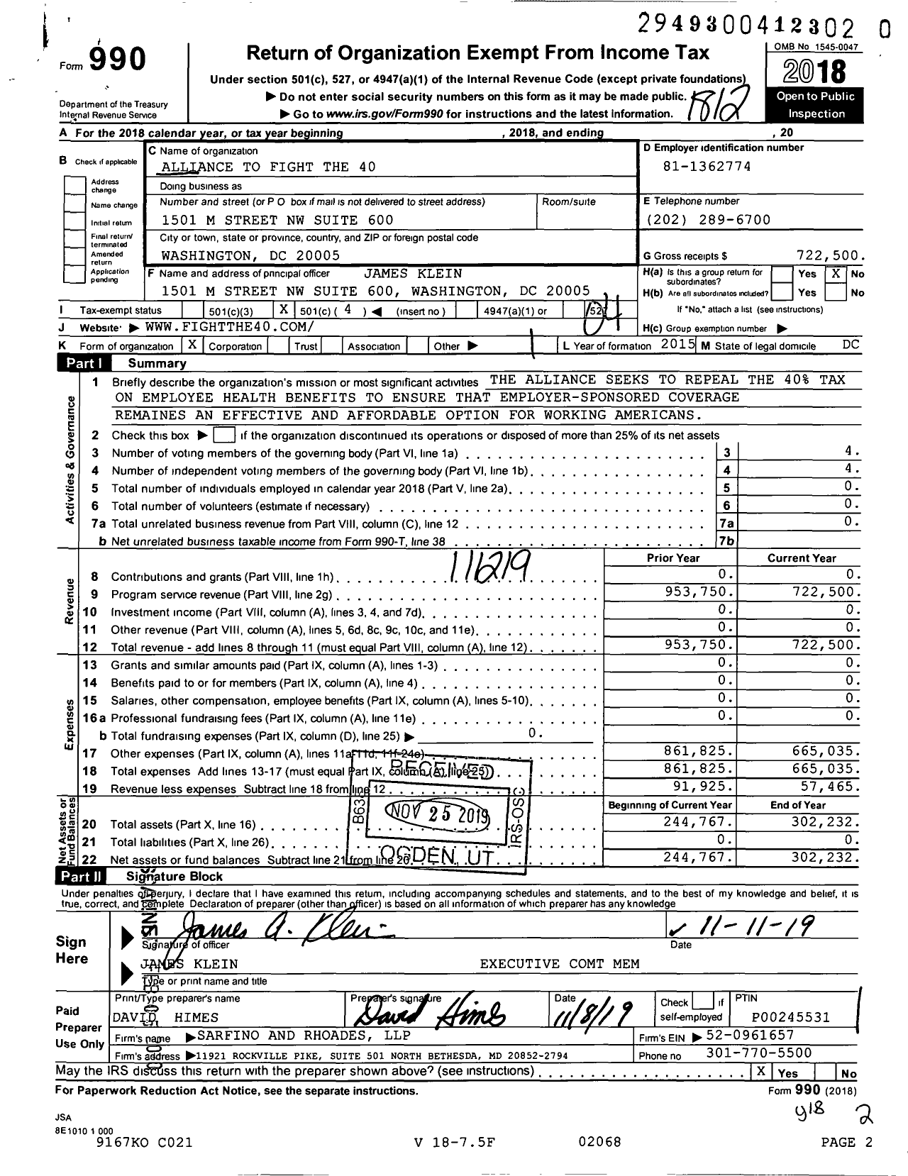 Image of first page of 2018 Form 990O for Alliance To Fight for Health Care