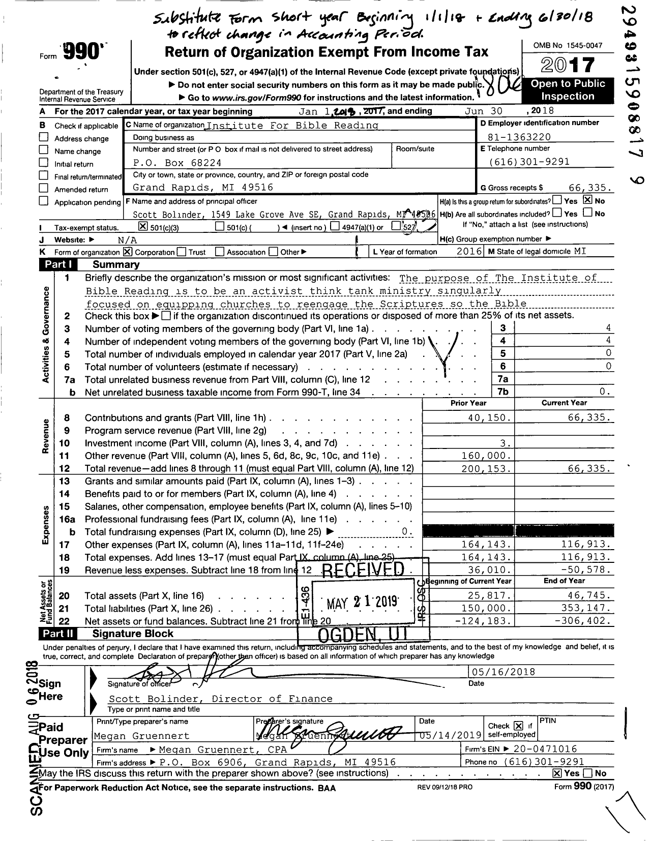 Image of first page of 2017 Form 990 for Institute for Bible Reading