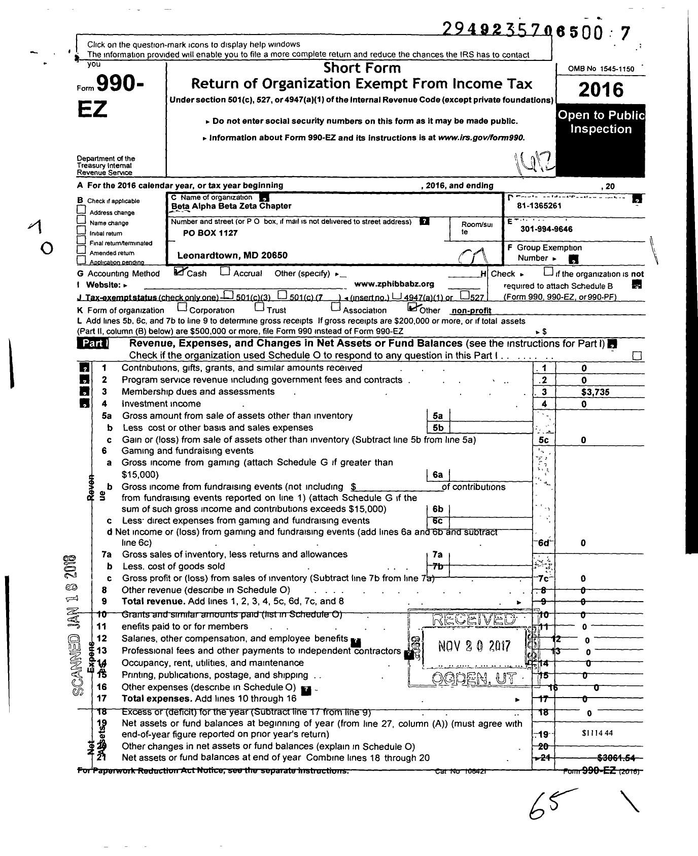 Image of first page of 2016 Form 990EO for Zeta Phi Beta Sorority / Beta Alpha Beta Zeta Chapter