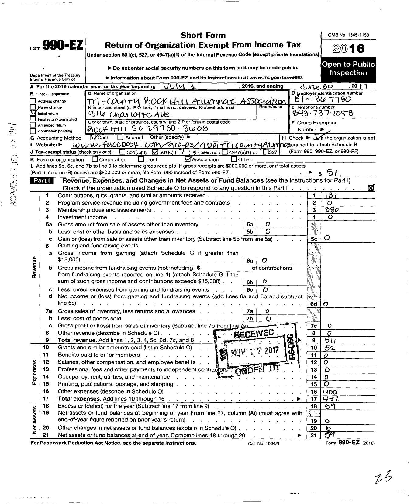 Image of first page of 2016 Form 990EO for Tri-County Rock Hill Alumnae Association