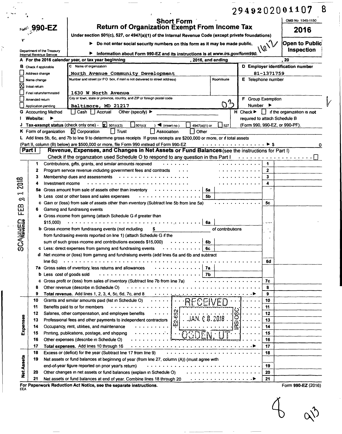 Image of first page of 2016 Form 990EZ for North Avenue Community Development