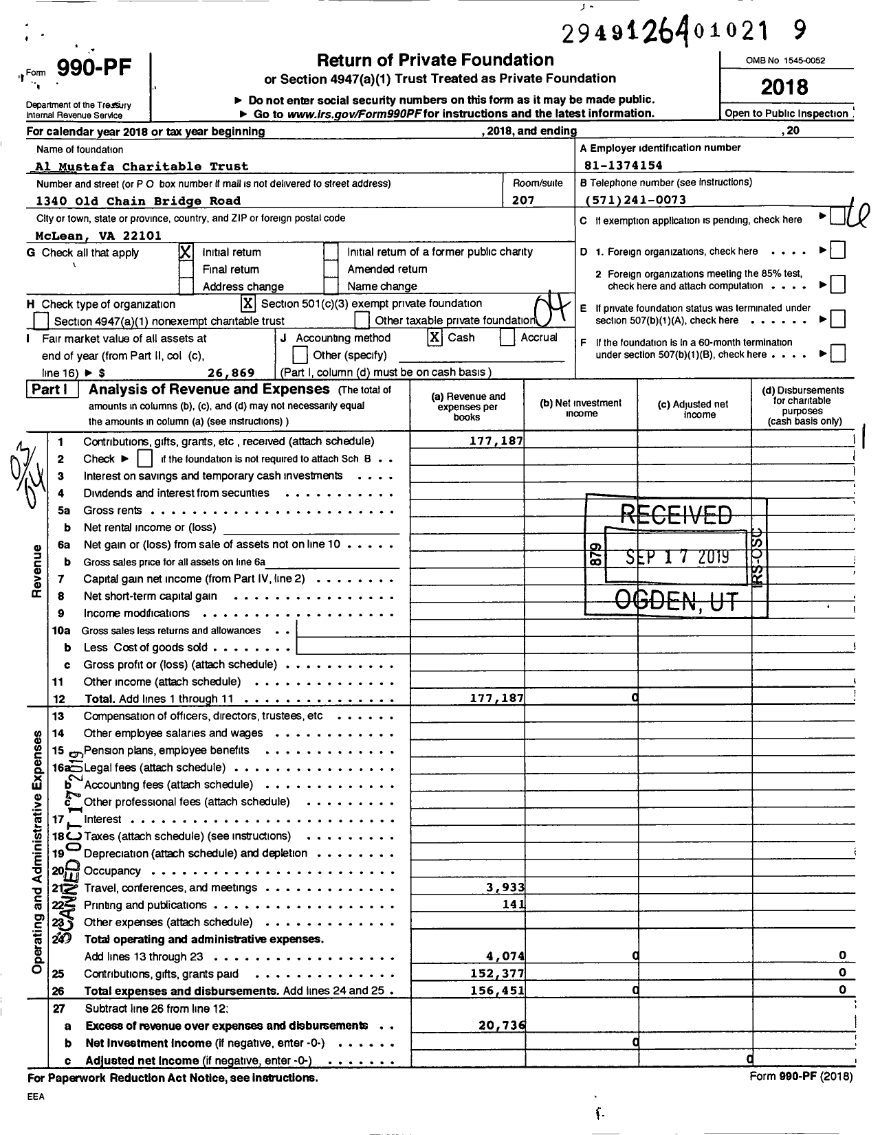 Image of first page of 2018 Form 990PF for Al Mustafa Charitable Trust