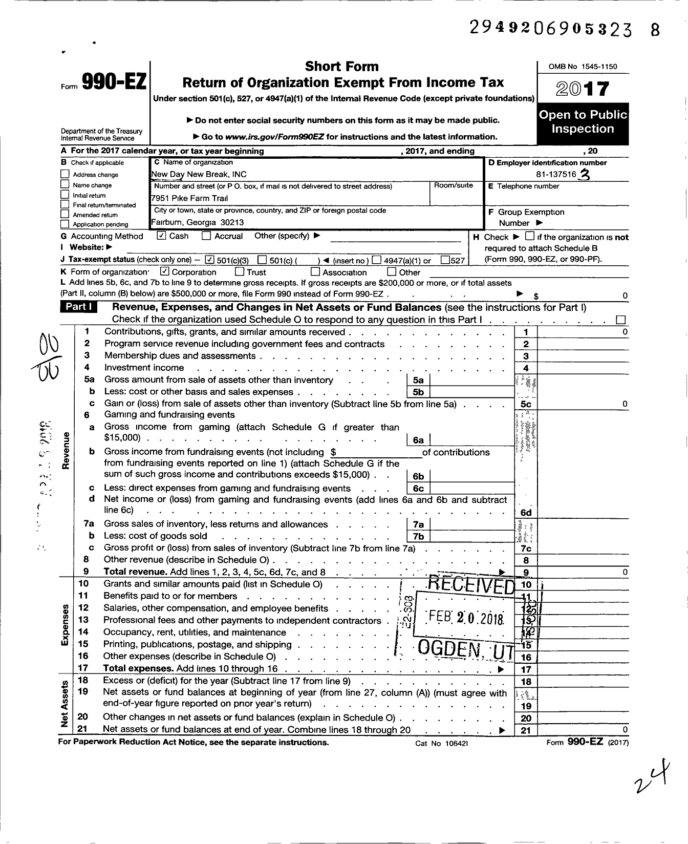 Image of first page of 2017 Form 990EZ for New Day New Break