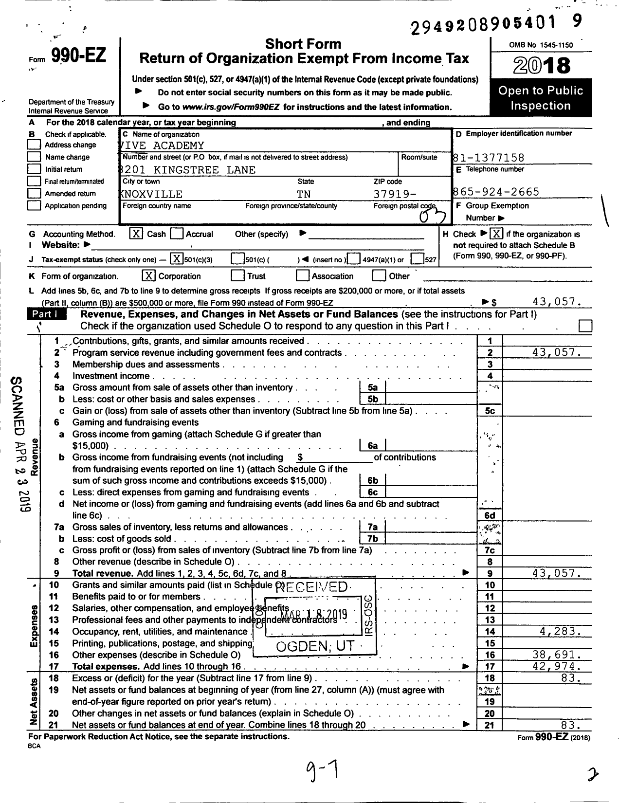 Image of first page of 2018 Form 990EZ for VIVE Academy