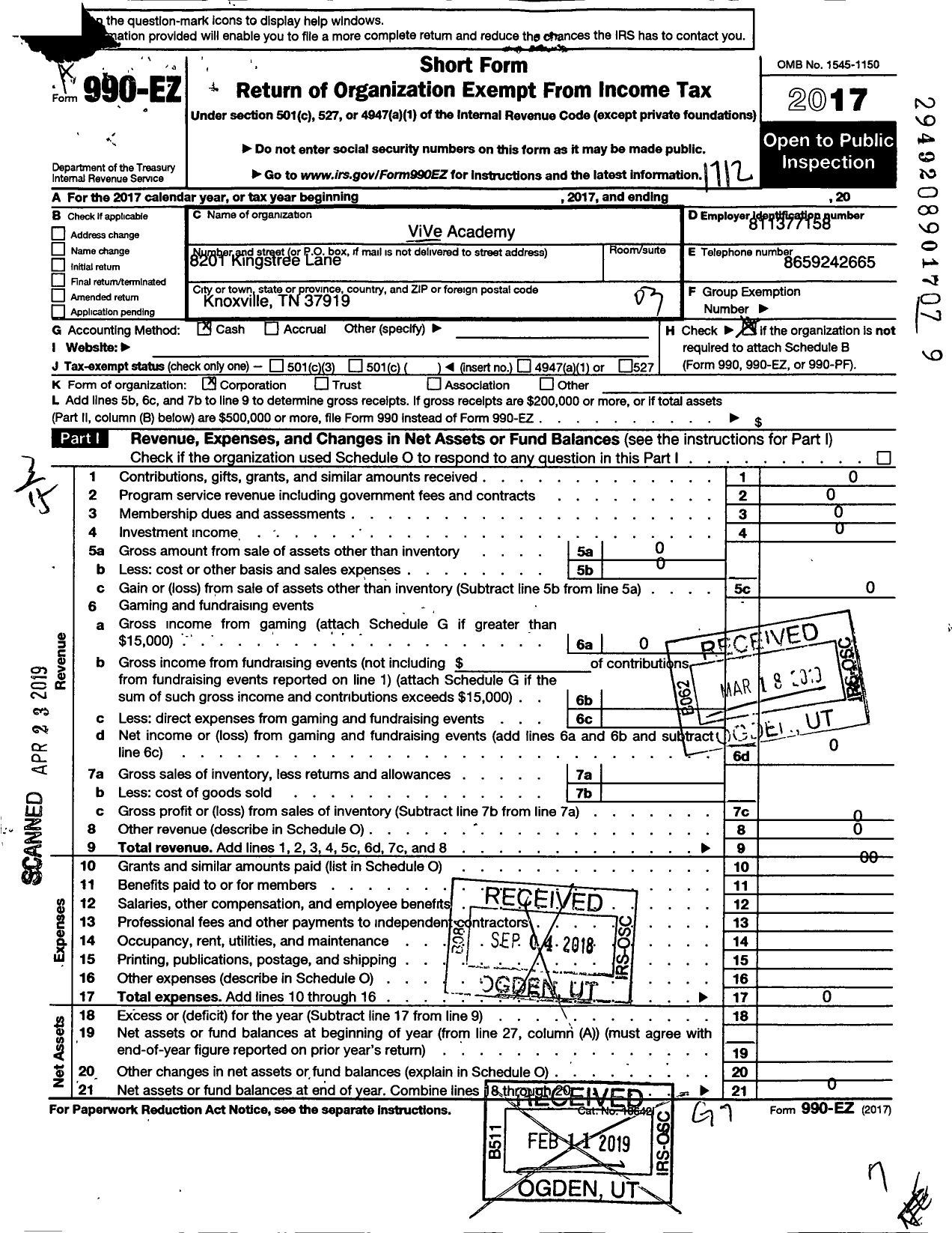 Image of first page of 2017 Form 990EZ for VIVE Academy