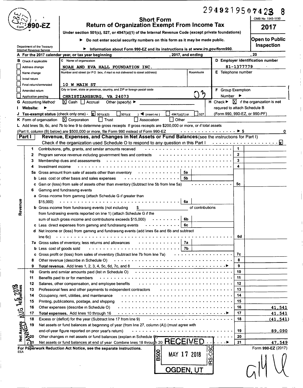 Image of first page of 2017 Form 990EZ for Noah and Eva Hall Foundation