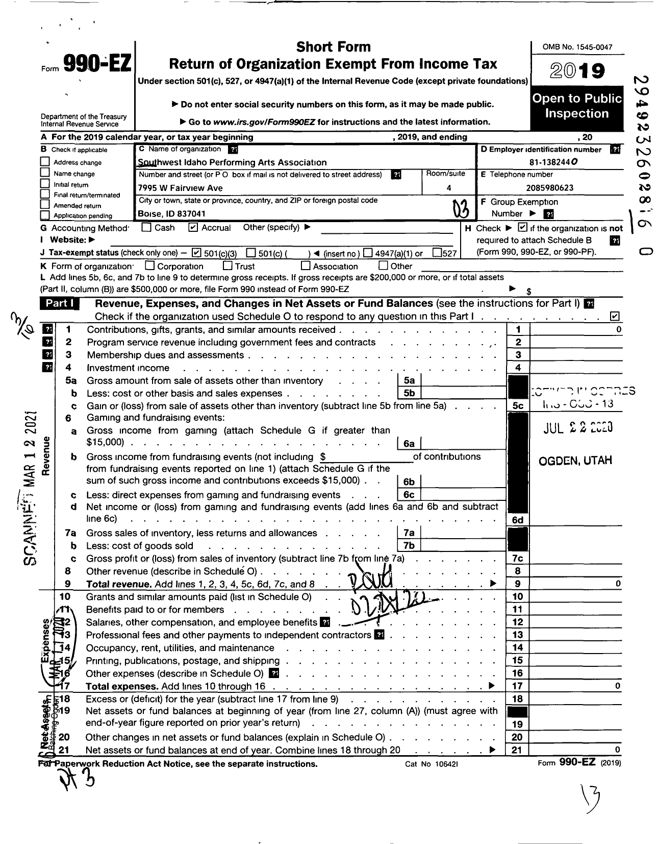 Image of first page of 2019 Form 990EZ for Southwest Idaho Performance Art Association